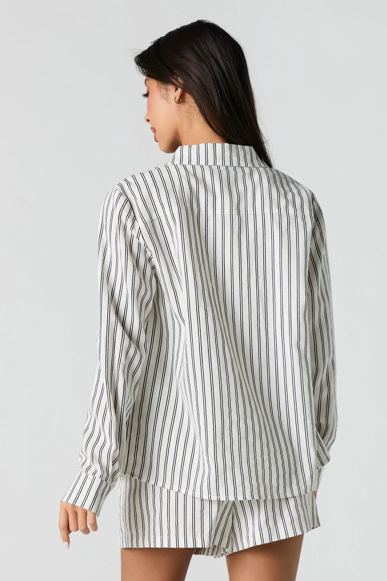 Linen-Blend Button-Up Long Sleeve Top