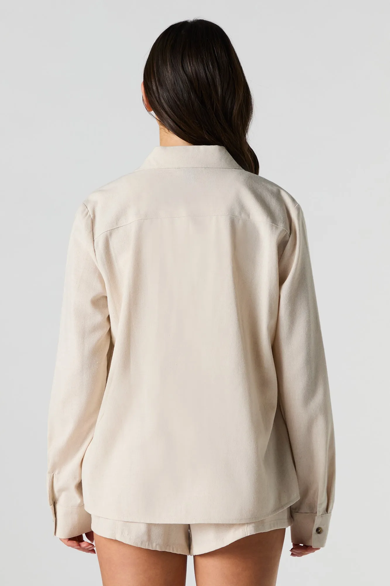 Linen-Blend Button-Up Long Sleeve Top