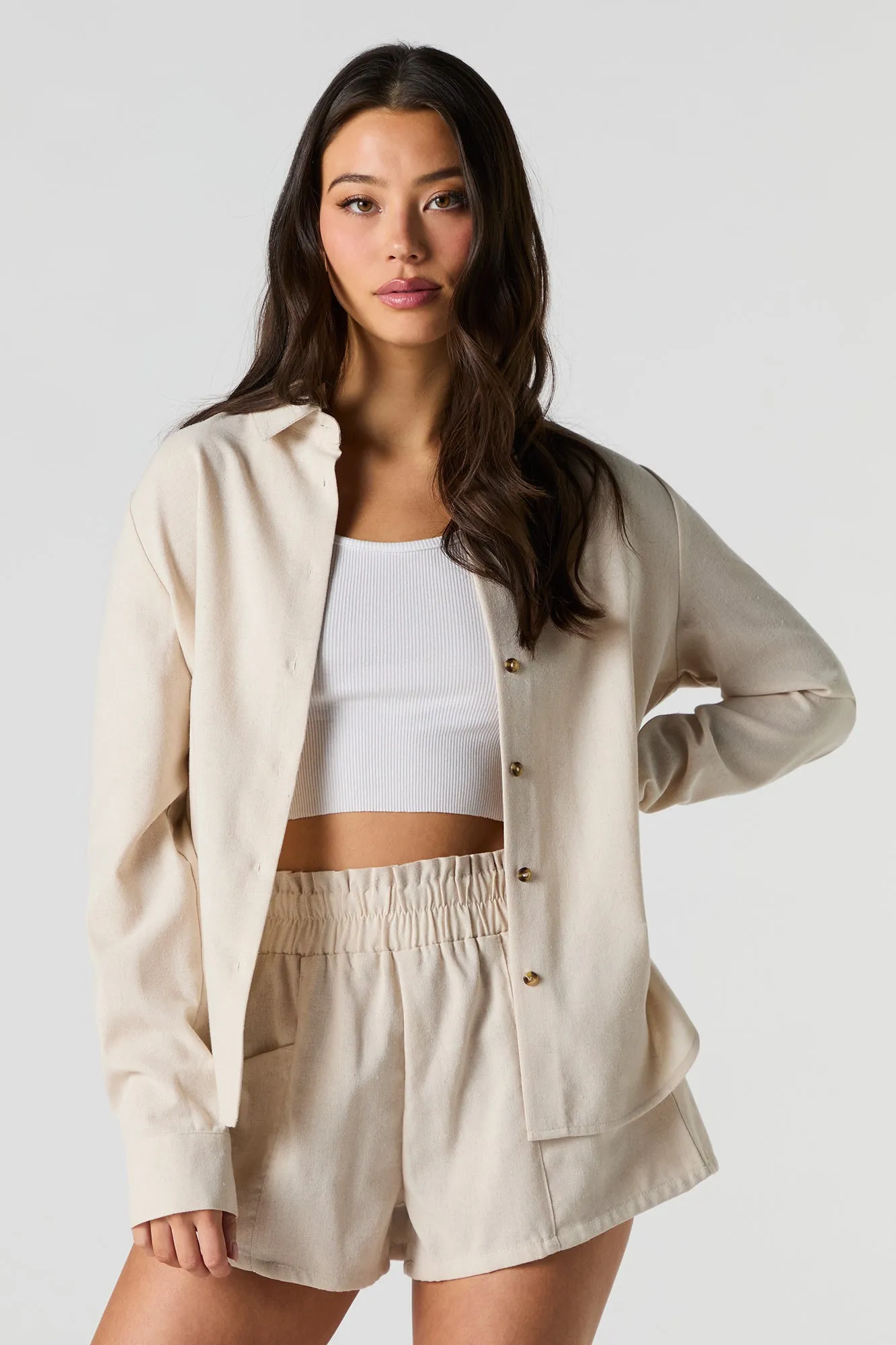 Linen-Blend Button-Up Long Sleeve Top