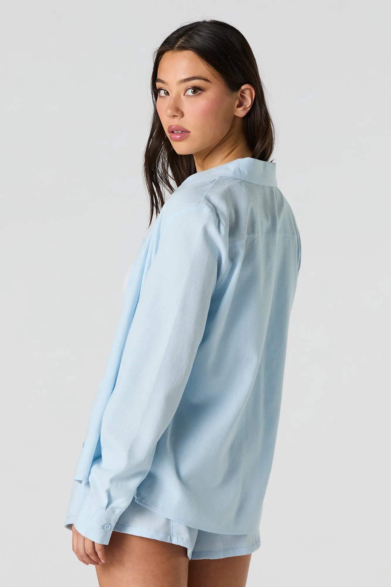 Linen-Blend Button-Up Long Sleeve Top