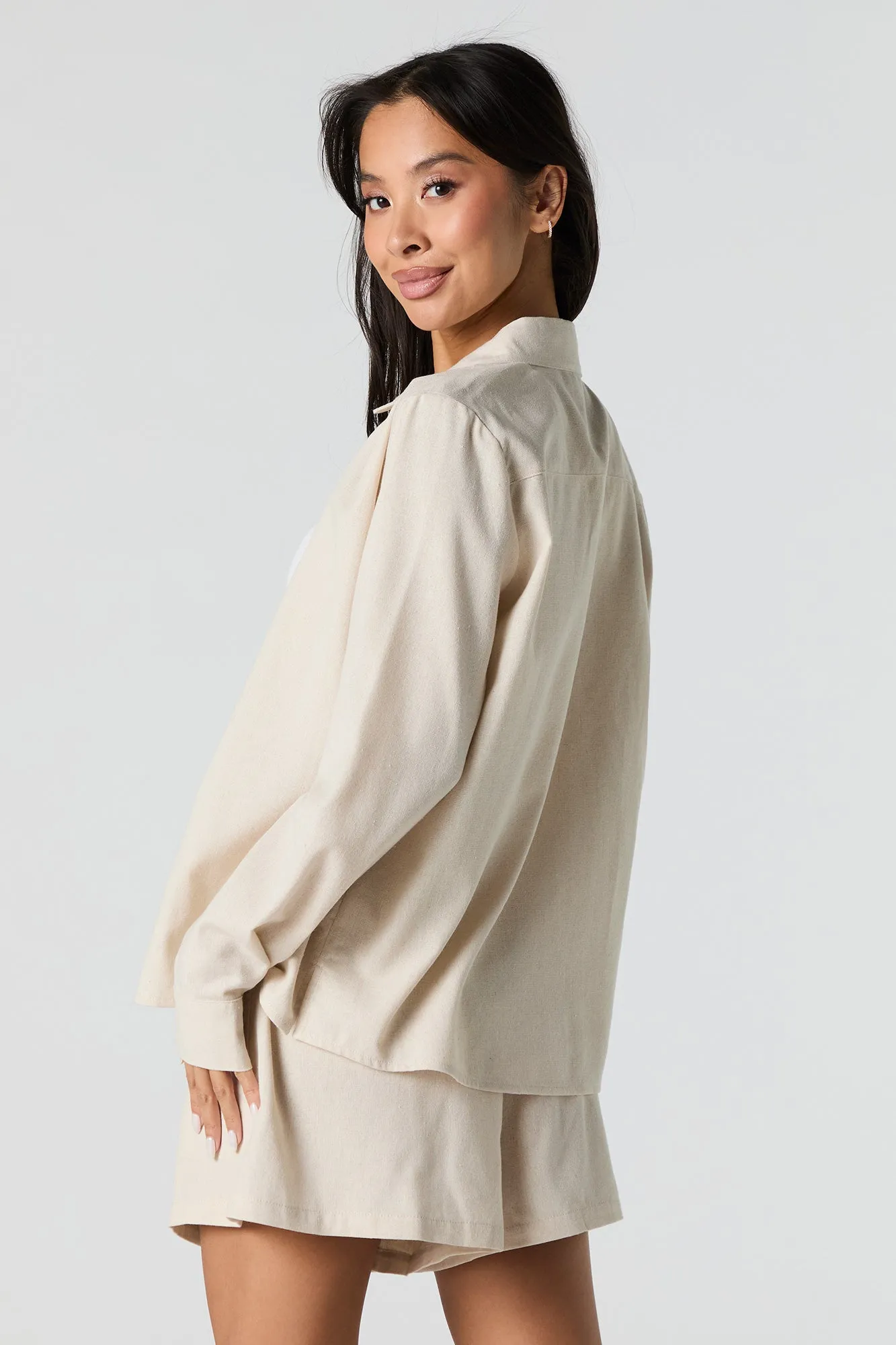 Linen-Blend Button-Up Long Sleeve Top