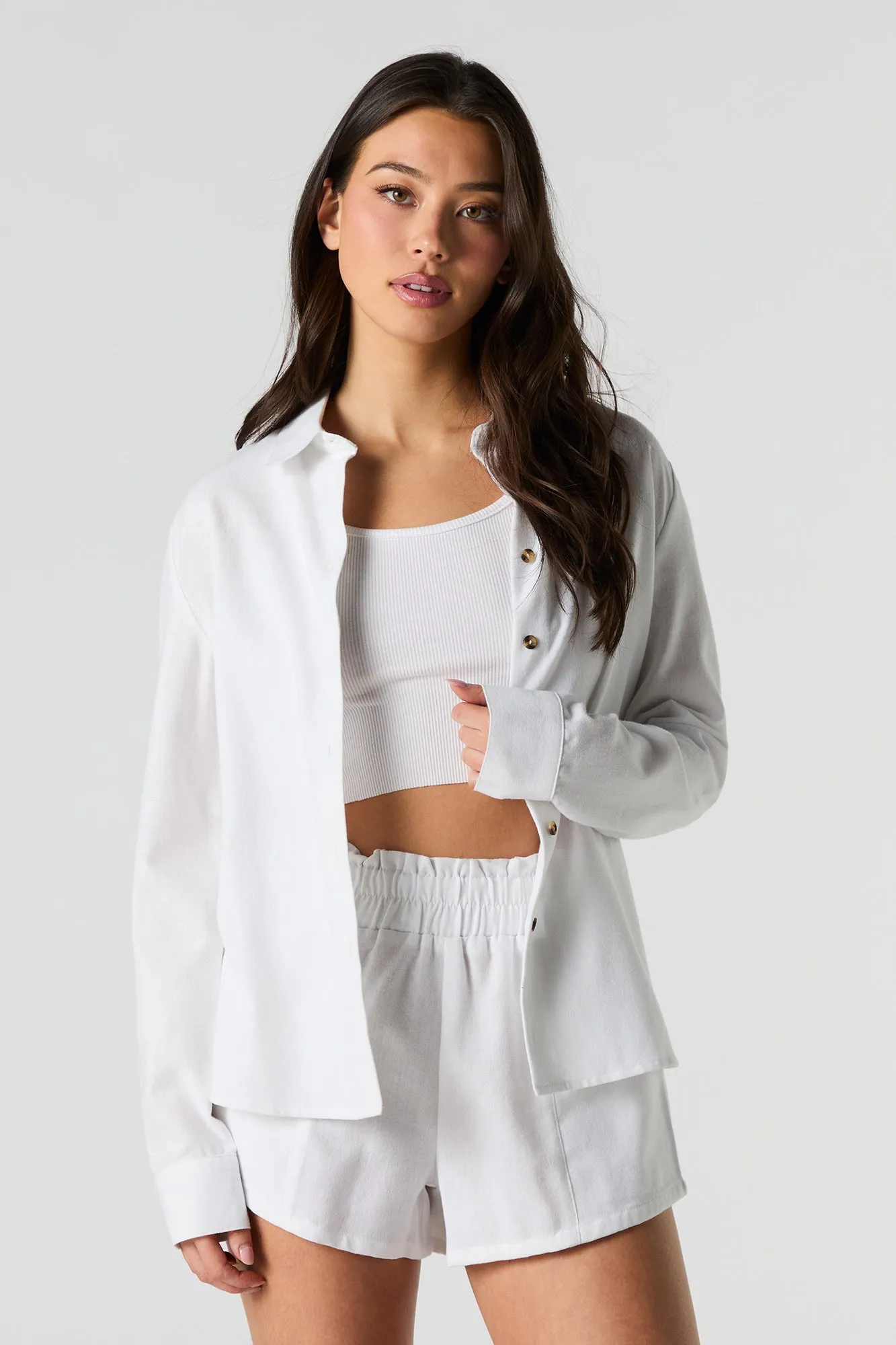 Linen-Blend Button-Up Long Sleeve Top