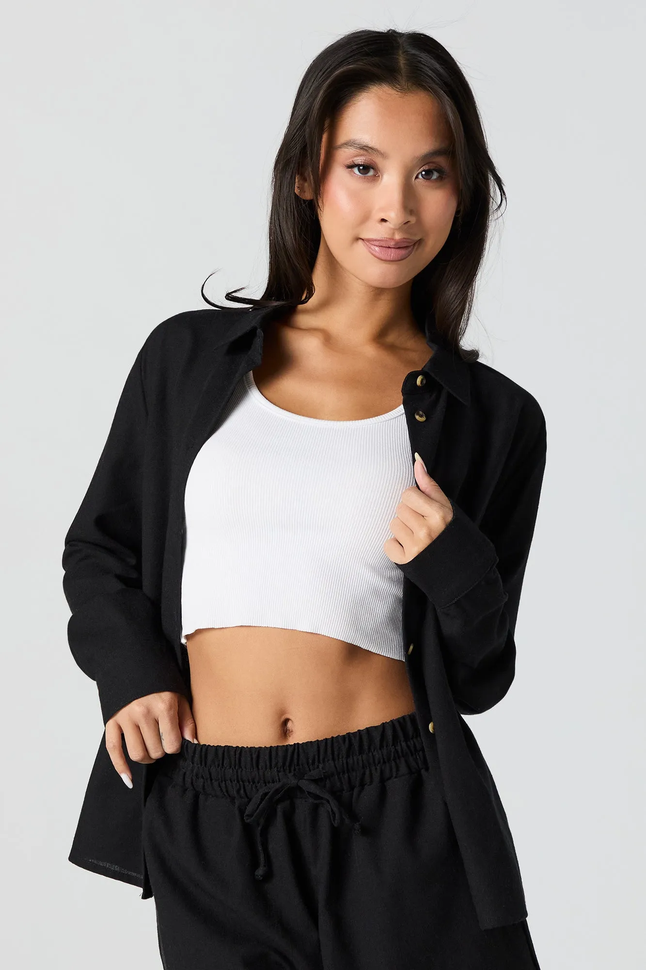 Linen-Blend Button-Up Long Sleeve Top