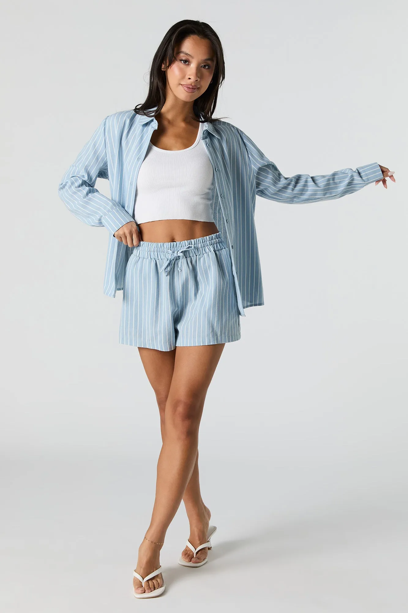 Linen-Blend Button-Up Long Sleeve Top