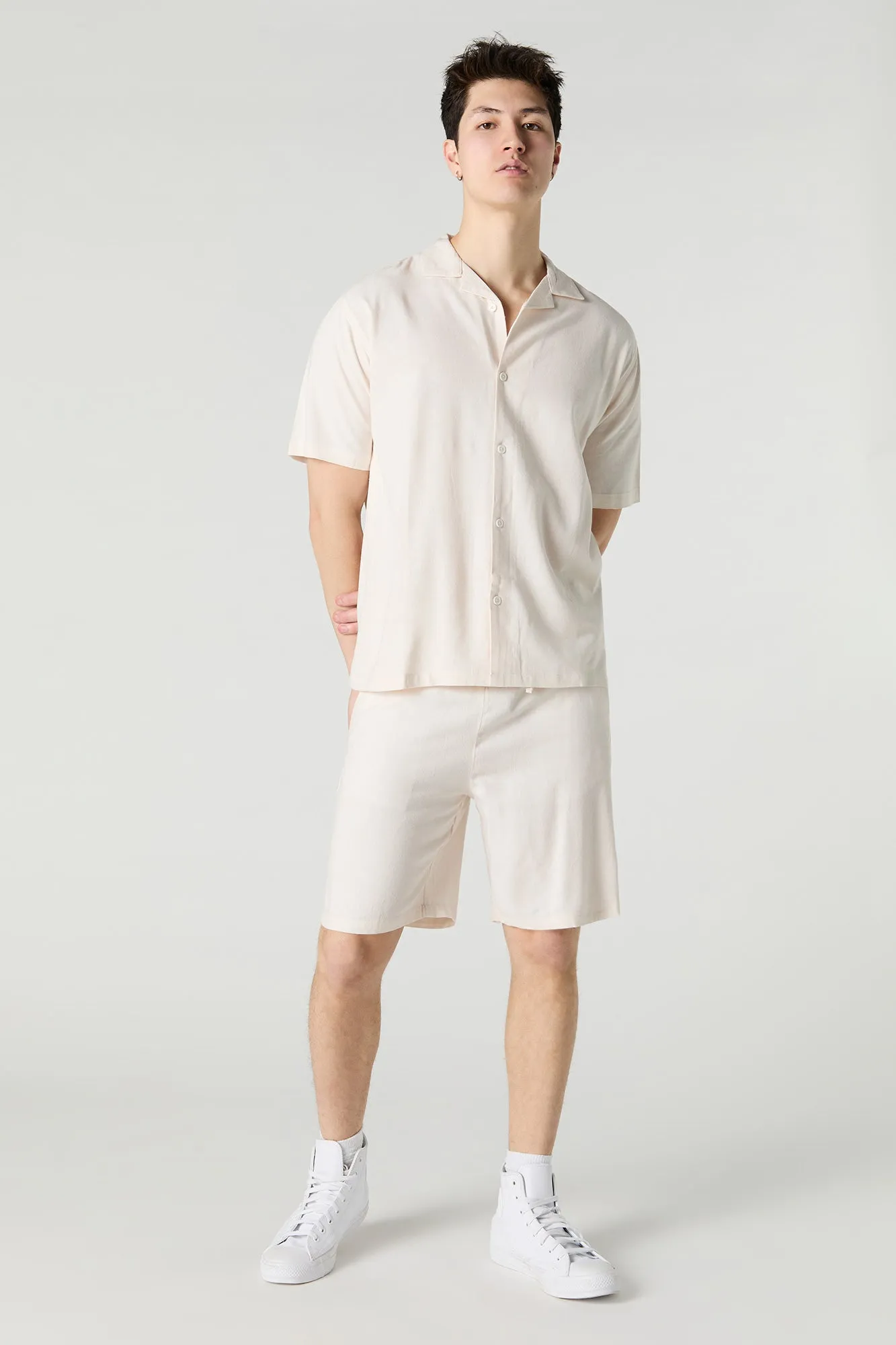 Linen-Blend Button-Up Top