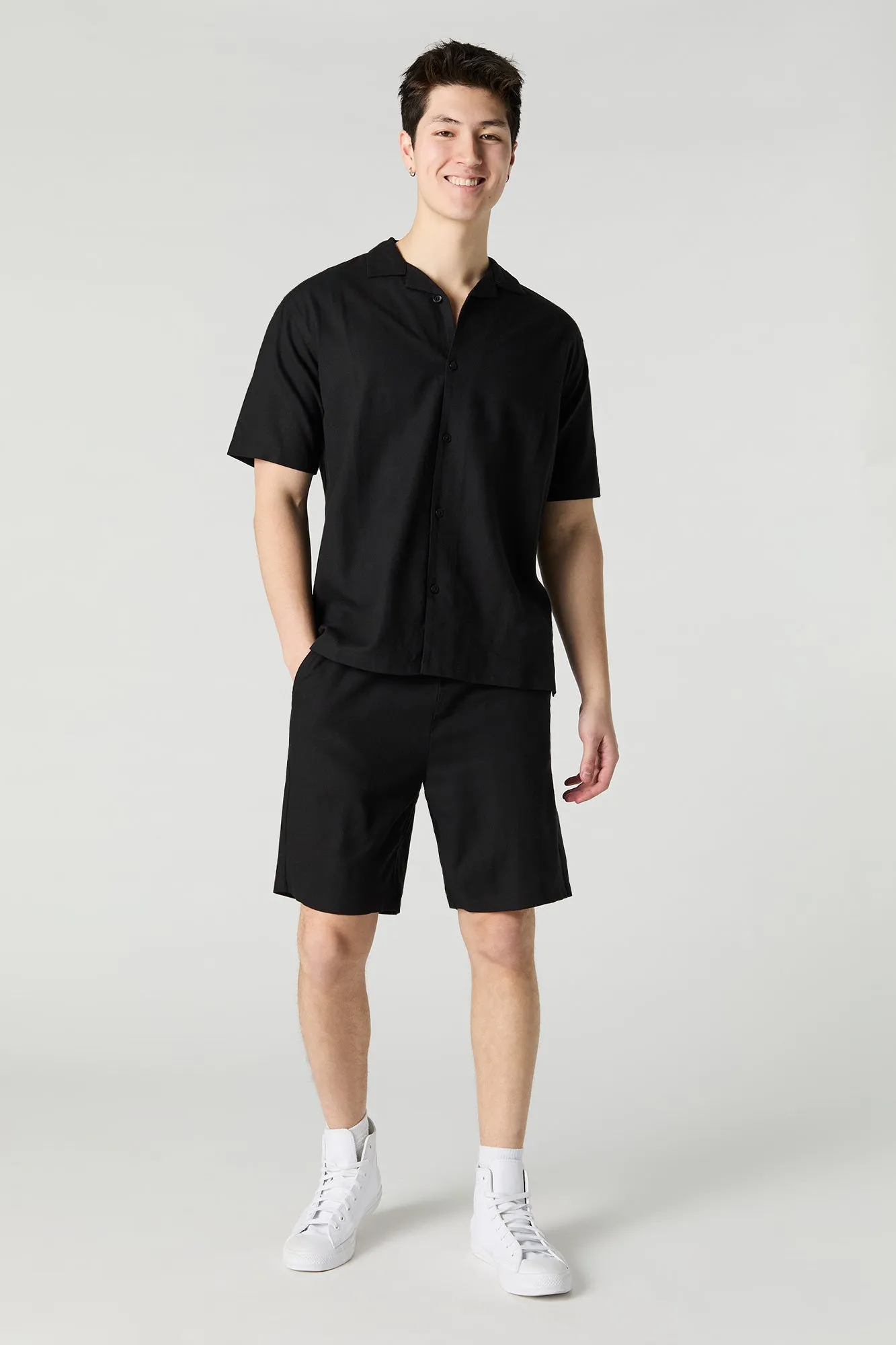 Linen-Blend Button-Up Top