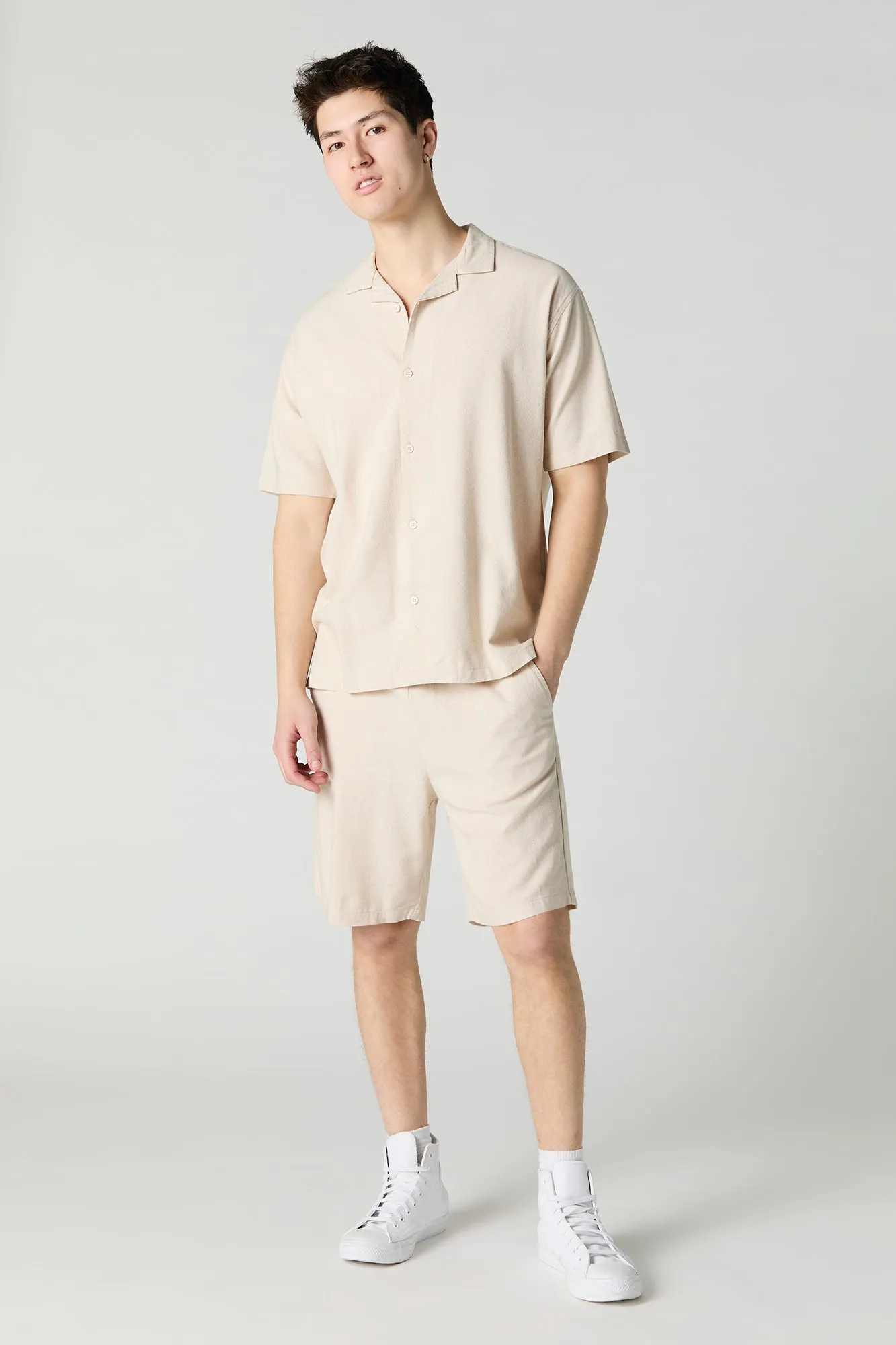 Linen-Blend Button-Up Top