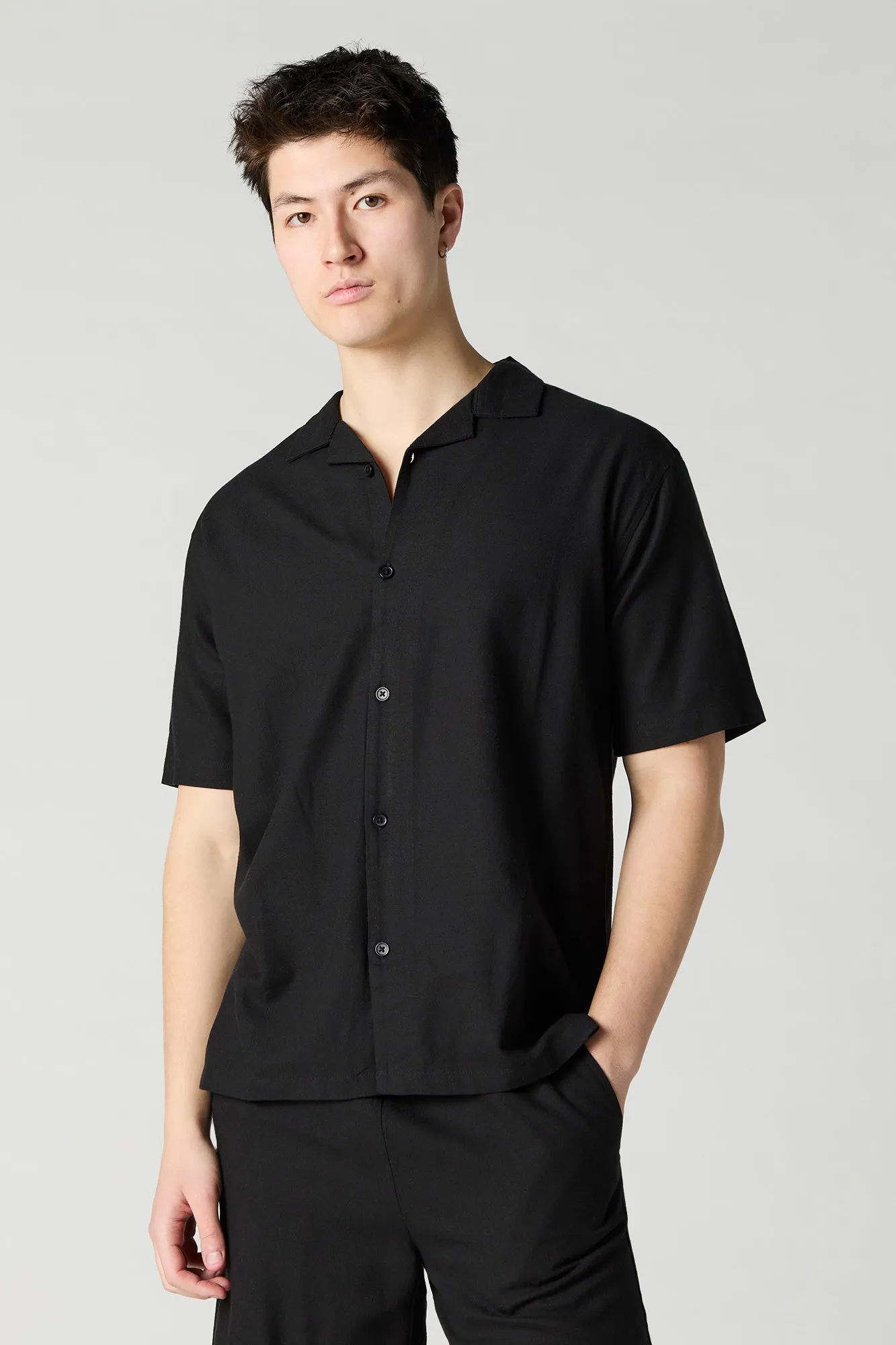 Linen-Blend Button-Up Top