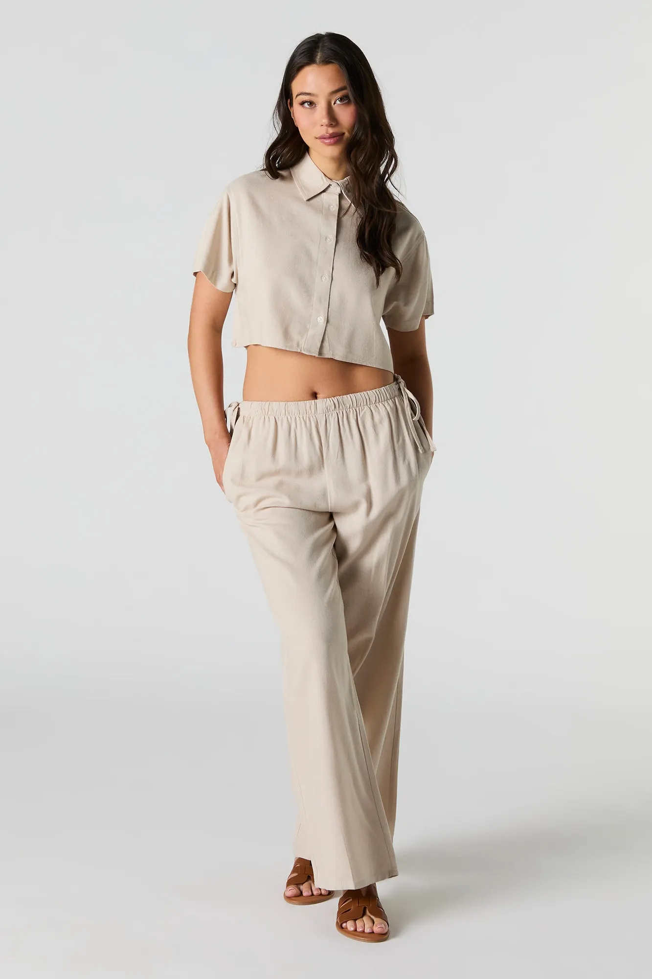 Linen-Blend Cropped Button-Up Short Sleeve Top
