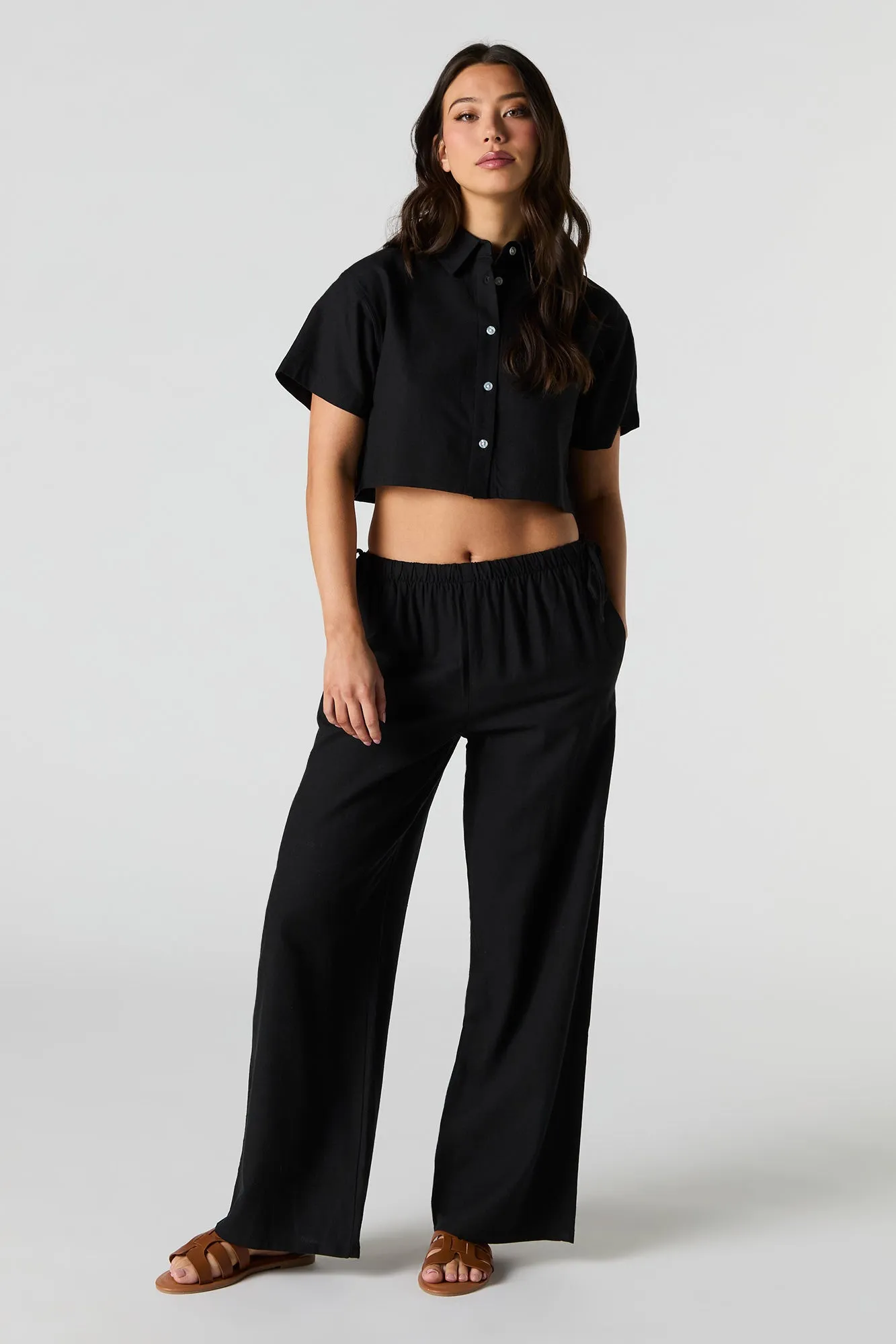 Linen-Blend Cropped Button-Up Short Sleeve Top