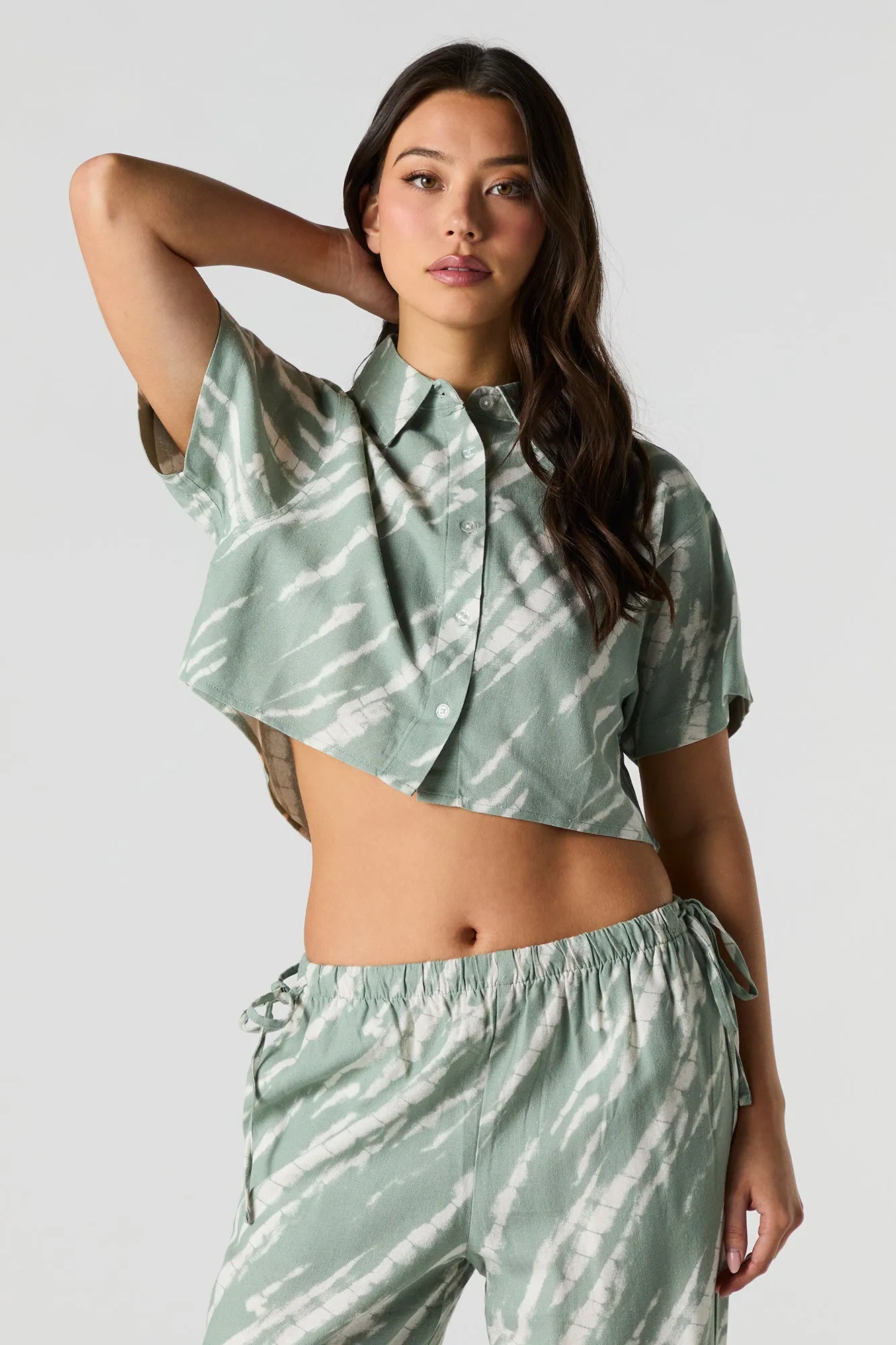Linen-Blend Cropped Button-Up Short Sleeve Top
