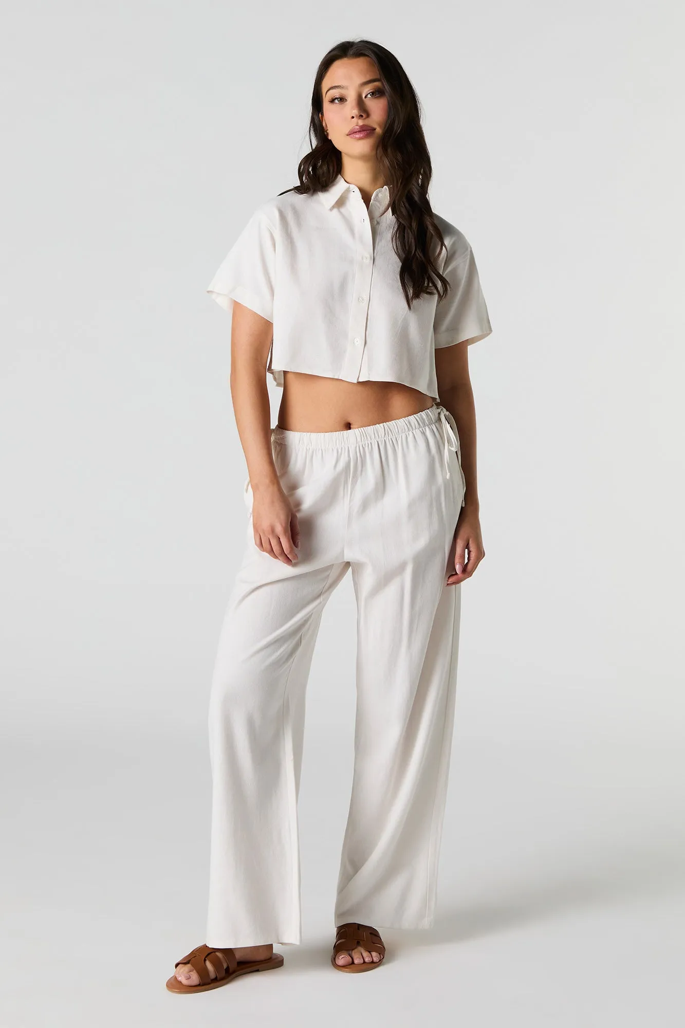 Linen-Blend Cropped Button-Up Short Sleeve Top