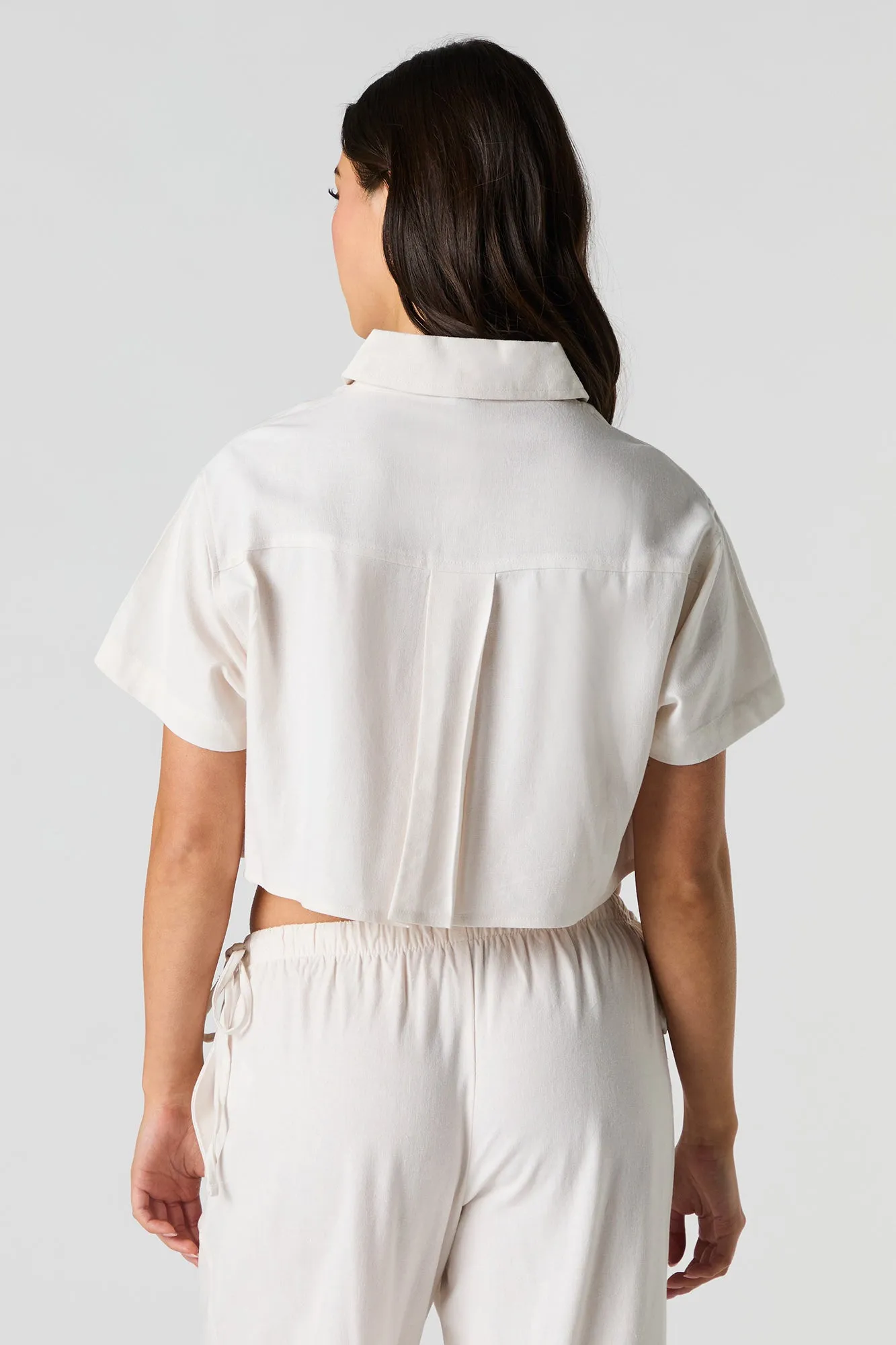 Linen-Blend Cropped Button-Up Short Sleeve Top