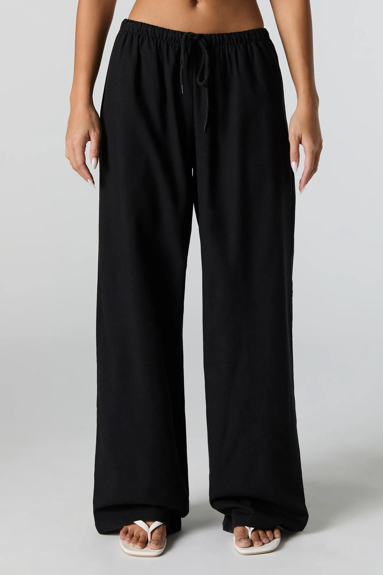Linen-Blend Drawstring Wide Leg Pant