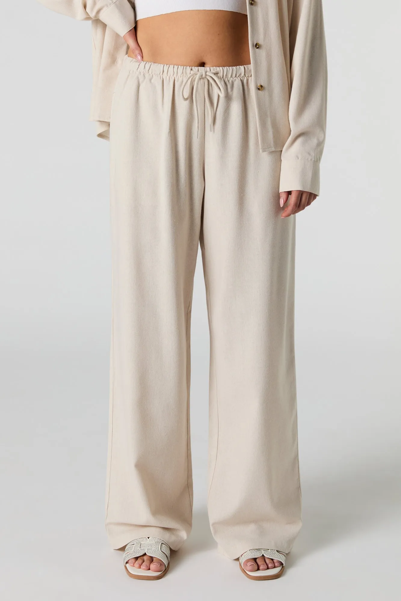 Linen-Blend Drawstring Wide Leg Pant