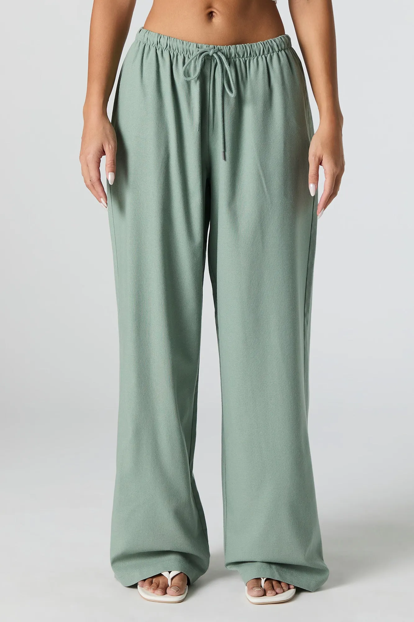 Linen-Blend Drawstring Wide Leg Pant