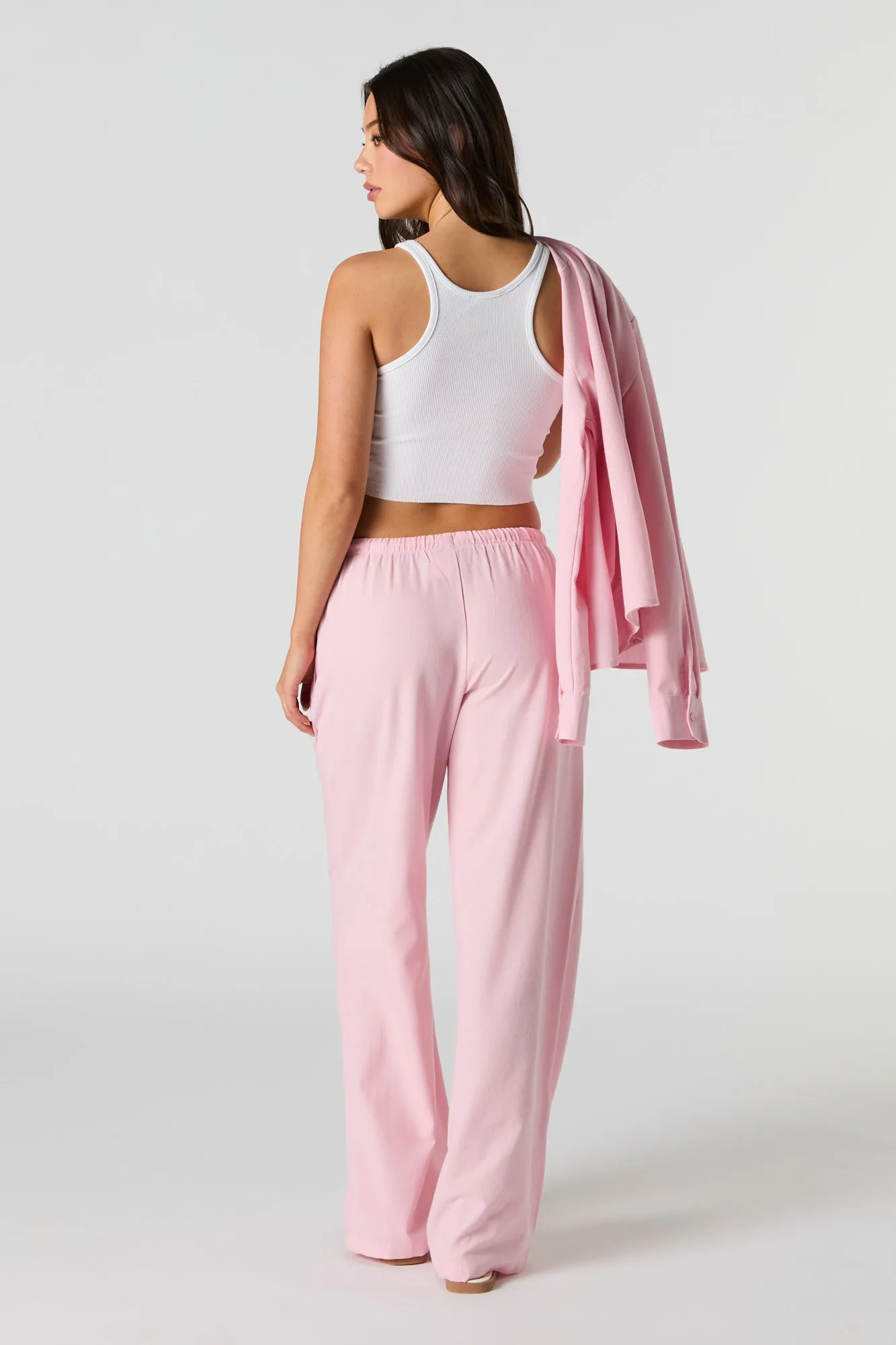 Linen-Blend Drawstring Wide Leg Pant
