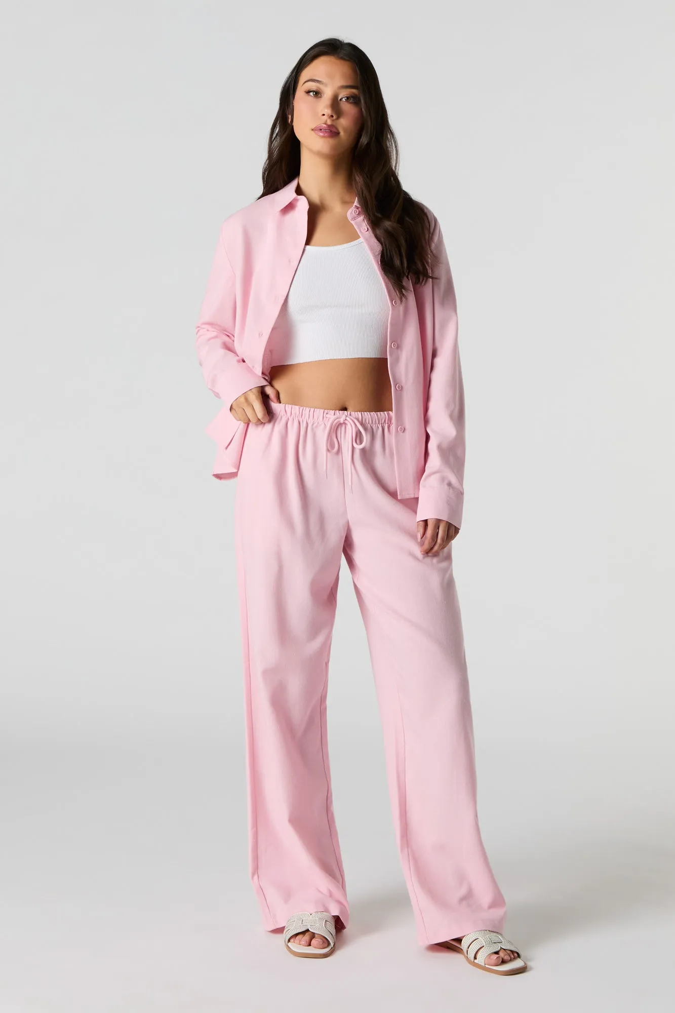Linen-Blend Drawstring Wide Leg Pant