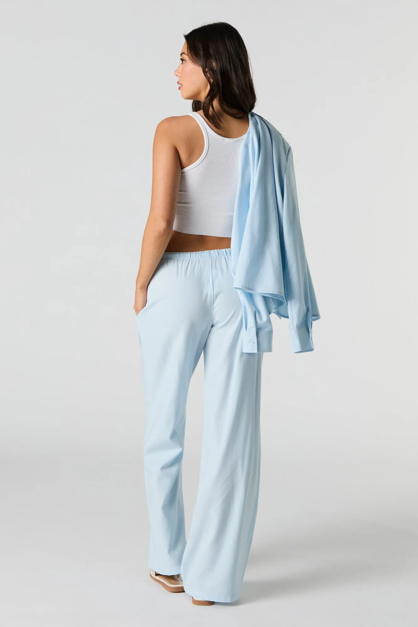 Linen-Blend Drawstring Wide Leg Pant