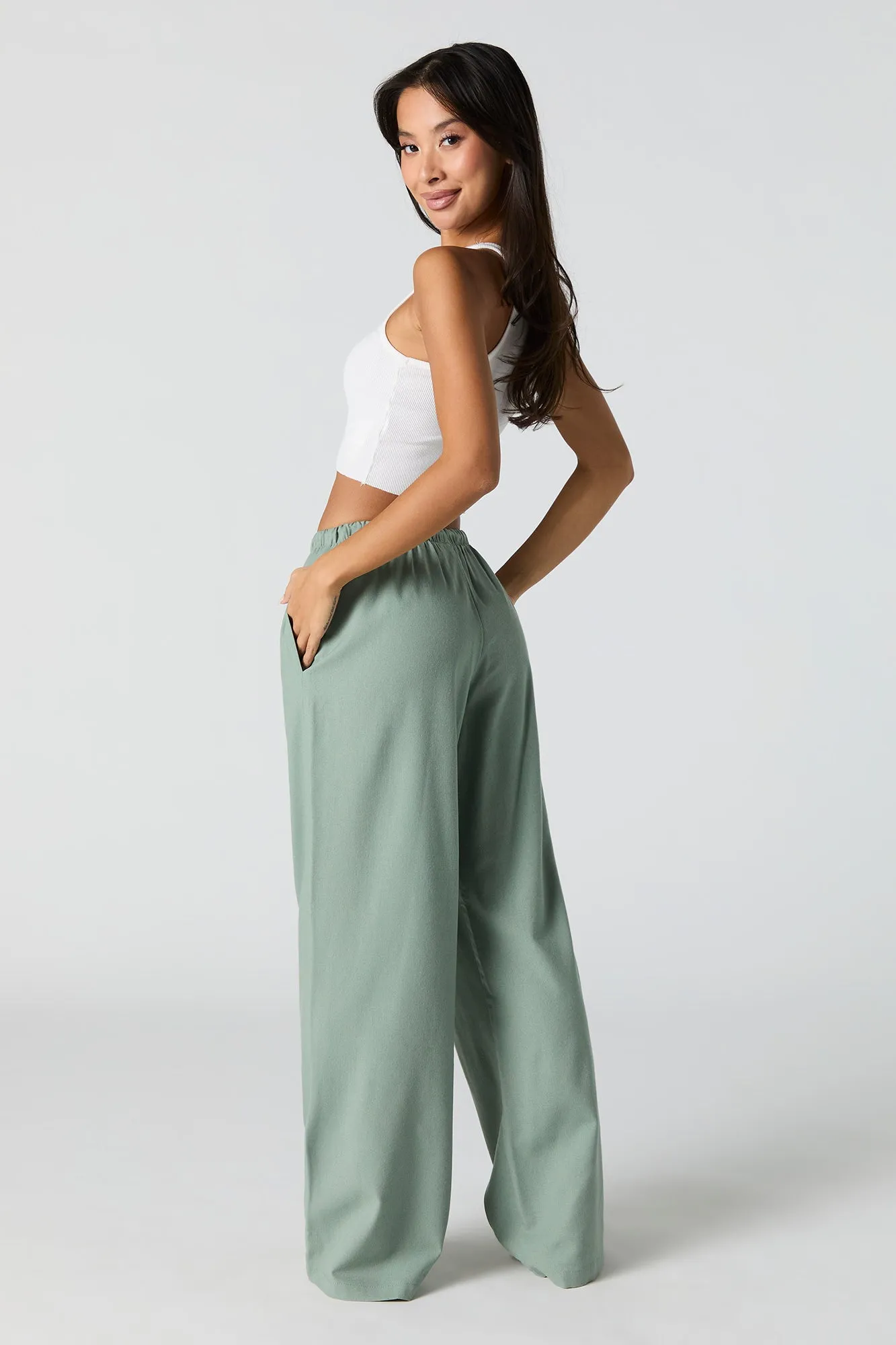 Linen-Blend Drawstring Wide Leg Pant