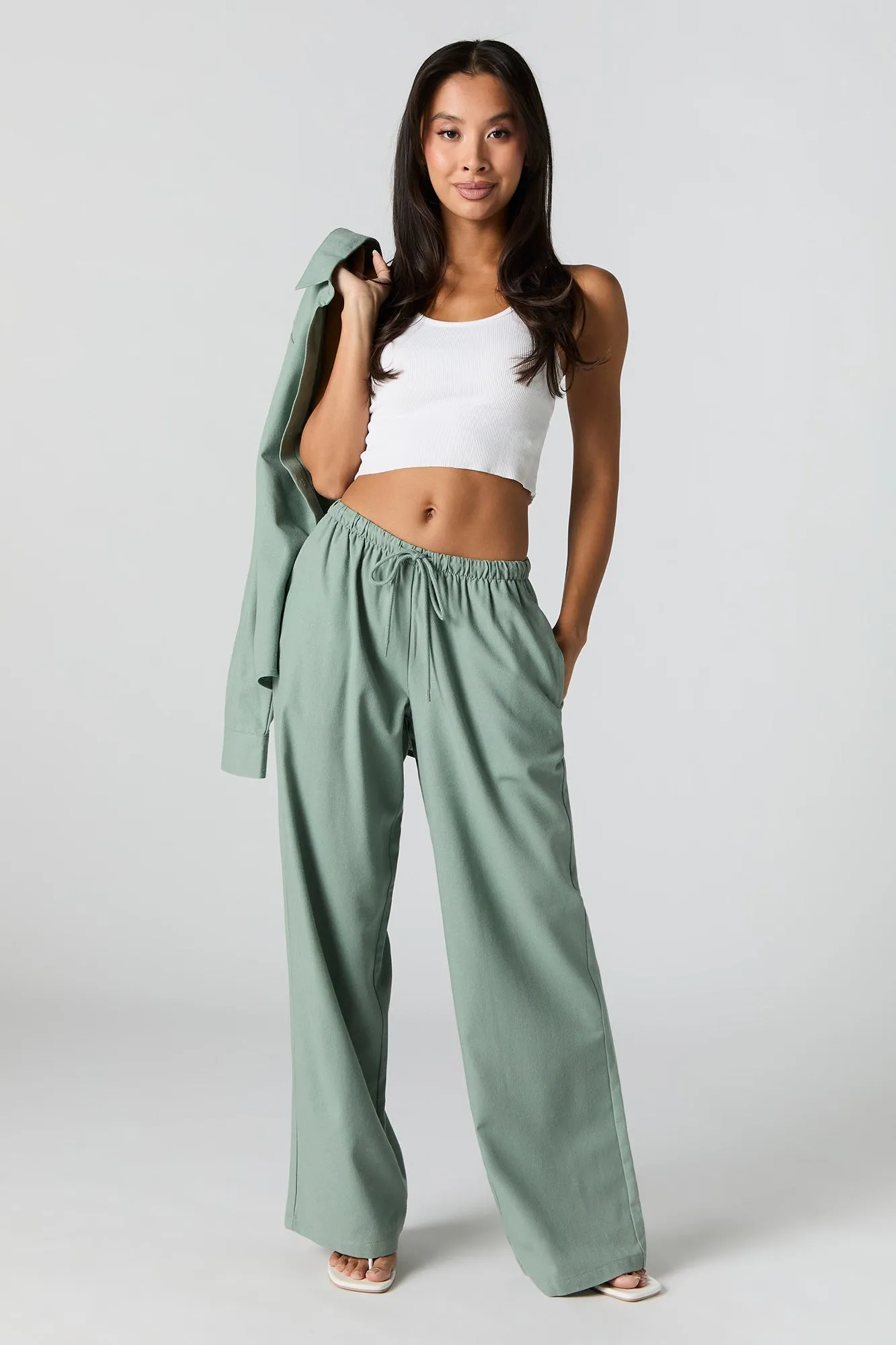 Linen-Blend Drawstring Wide Leg Pant