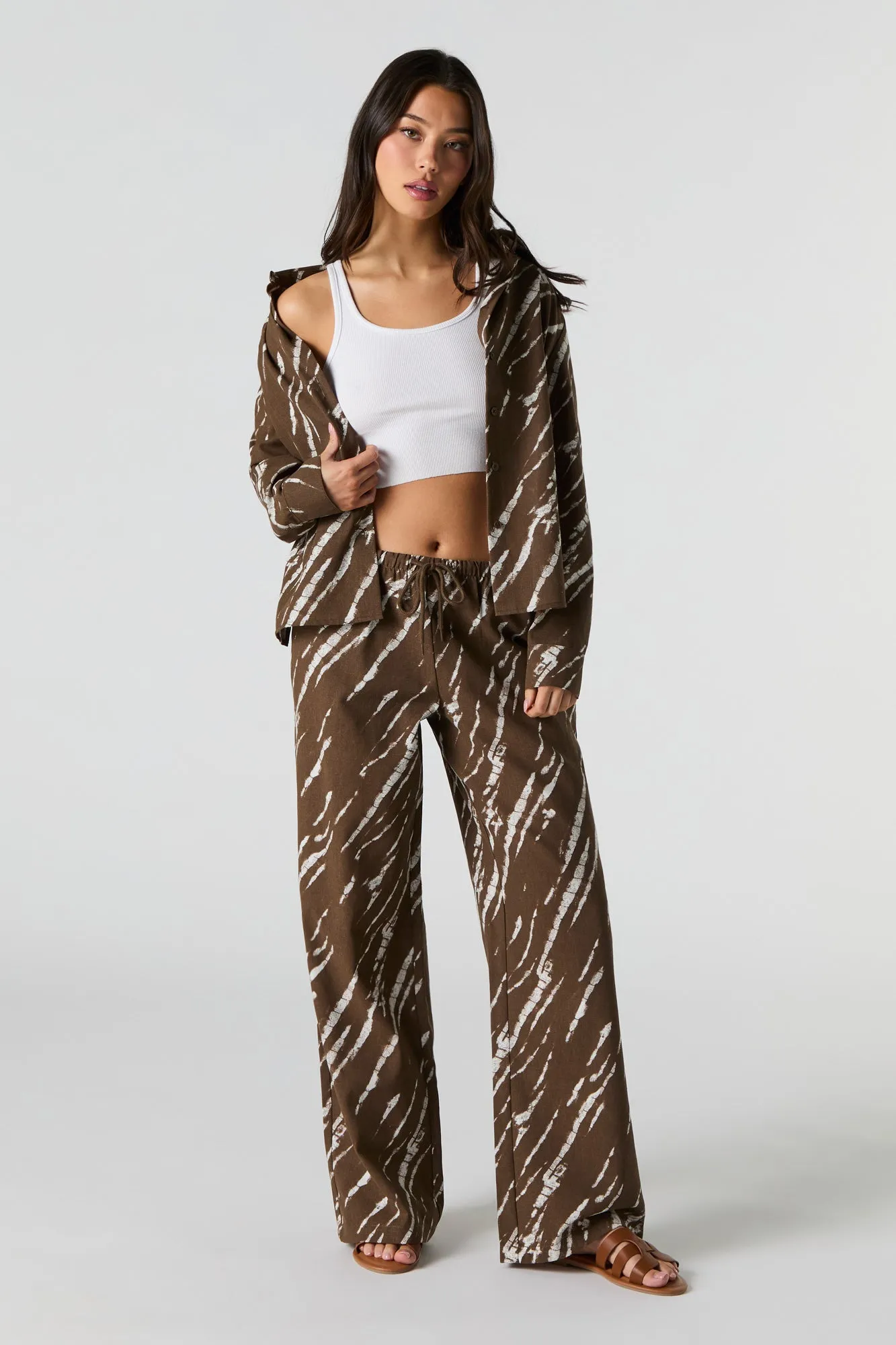 Linen-Blend Drawstring Wide Leg Pant