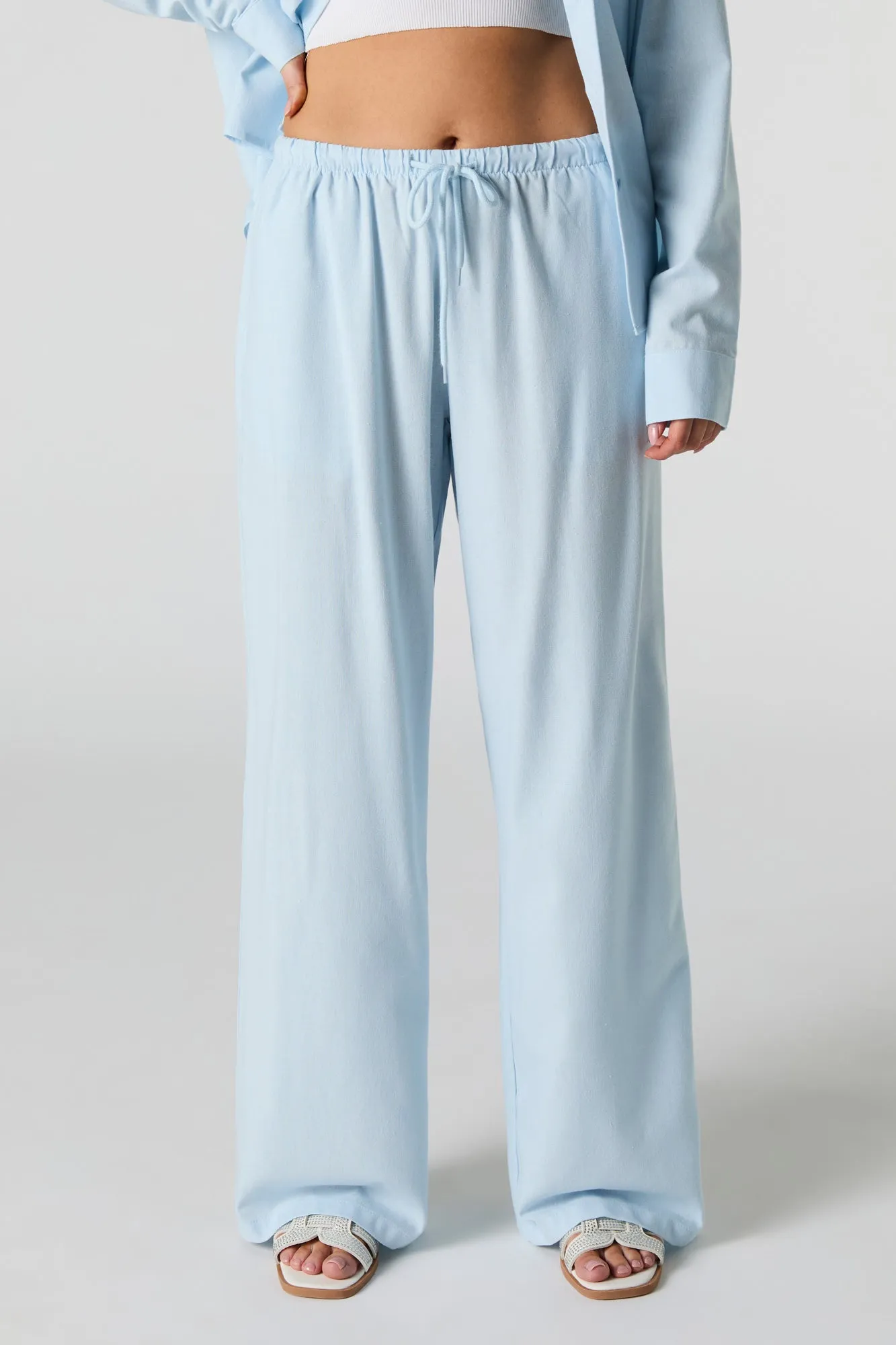 Linen-Blend Drawstring Wide Leg Pant