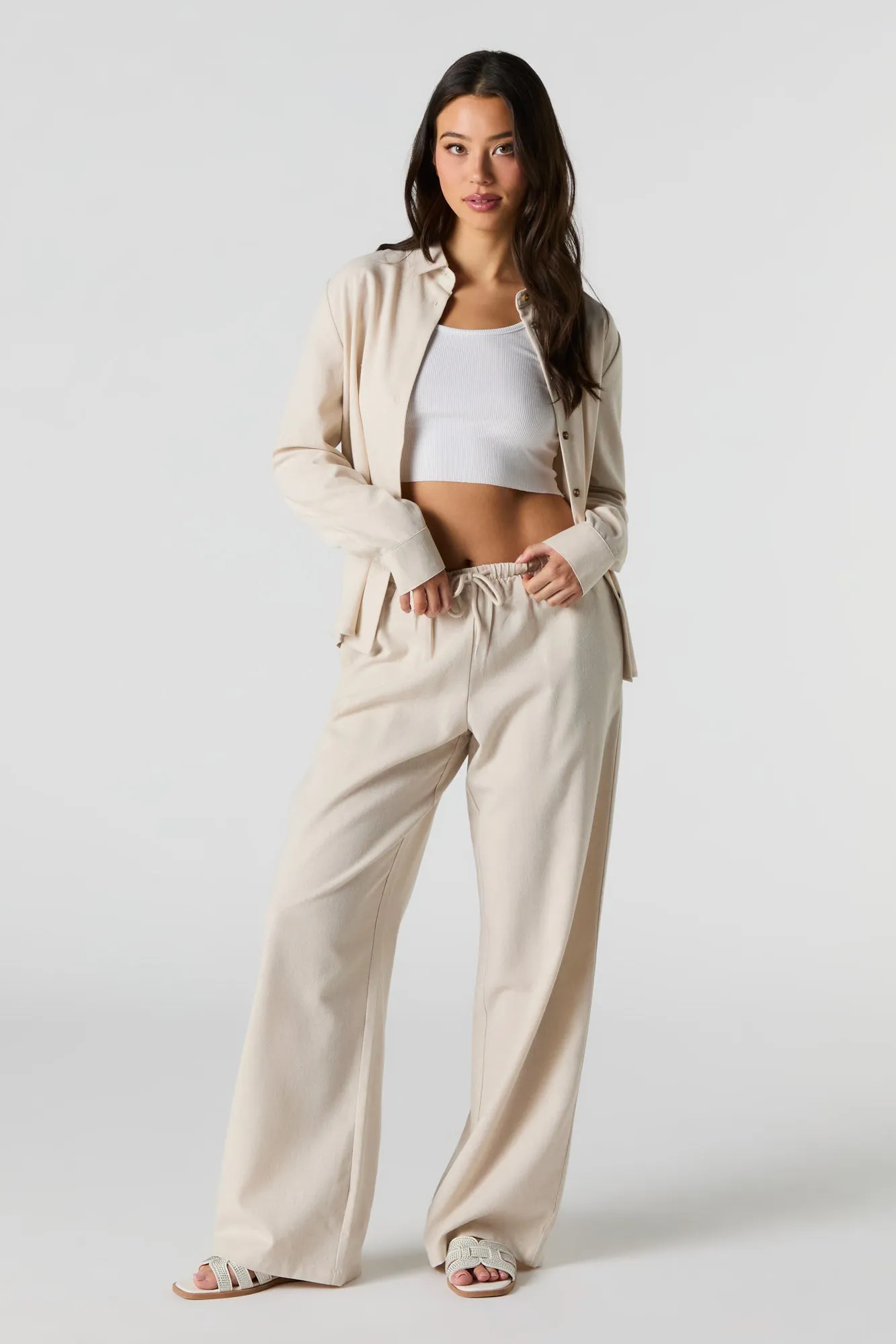 Linen-Blend Drawstring Wide Leg Pant