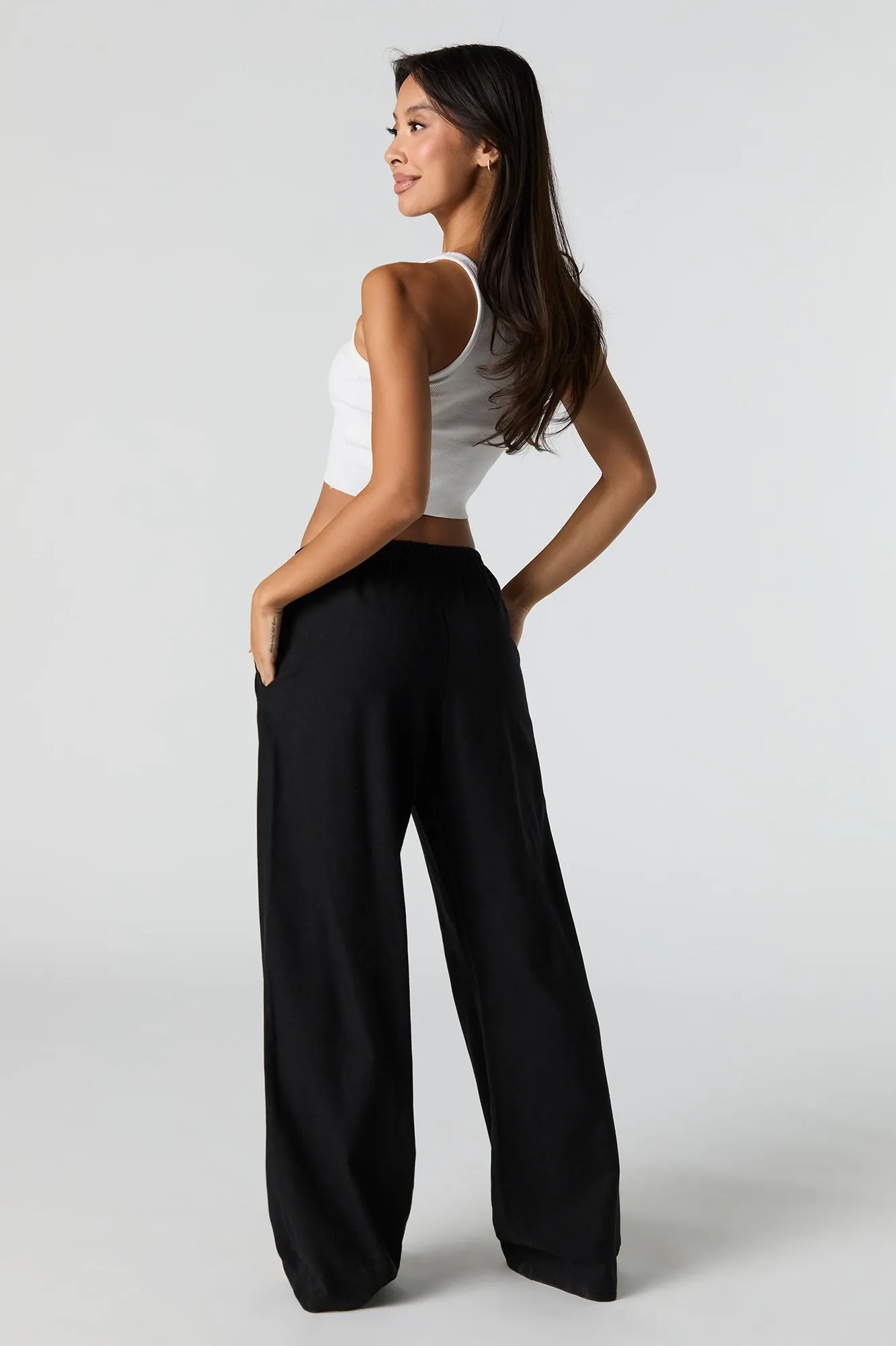 Linen-Blend Drawstring Wide Leg Pant