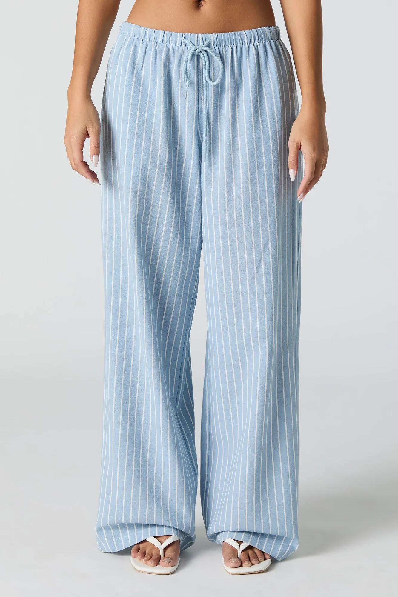 Linen-Blend Drawstring Wide Leg Pant