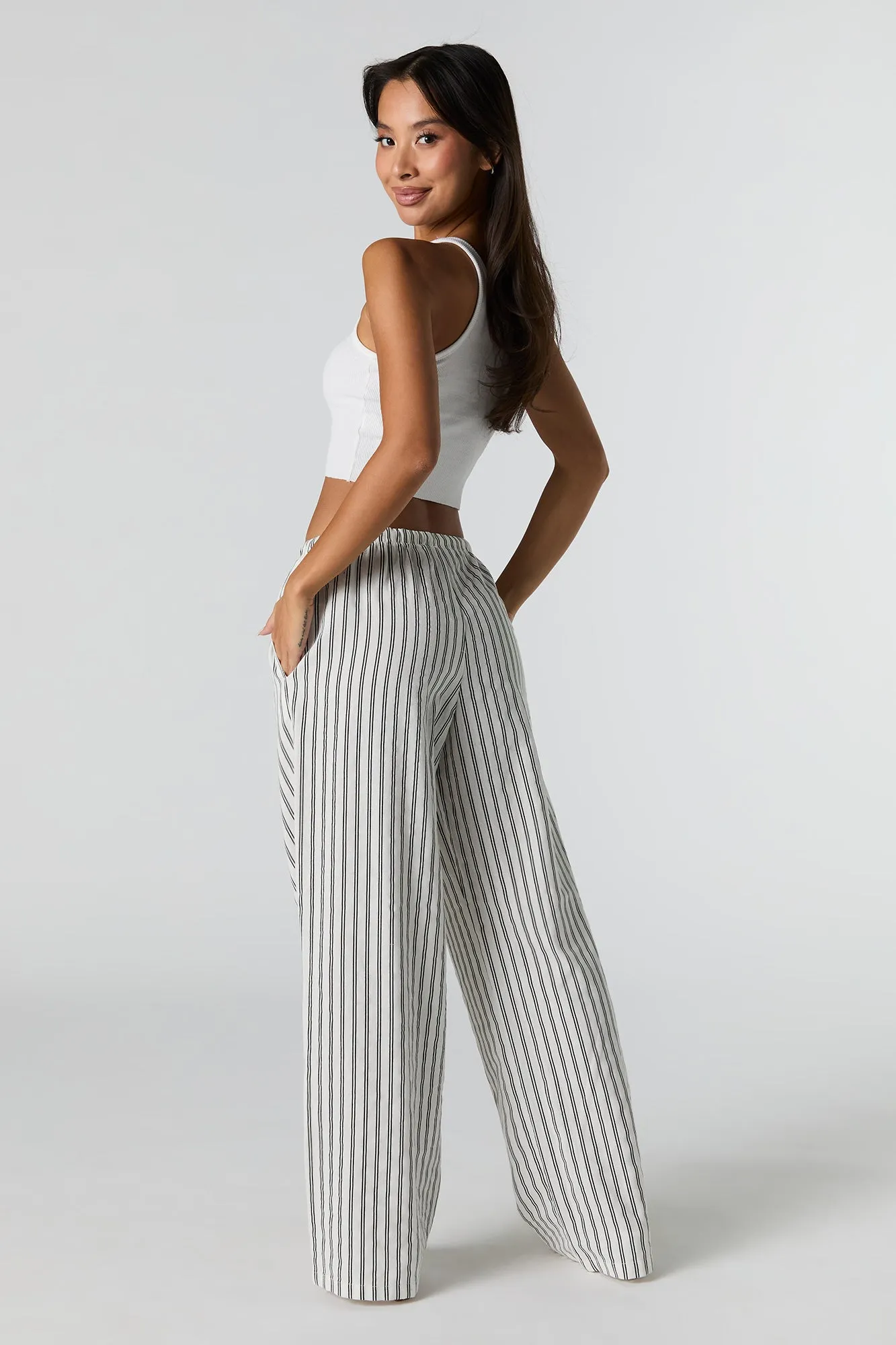Linen-Blend Drawstring Wide Leg Pant