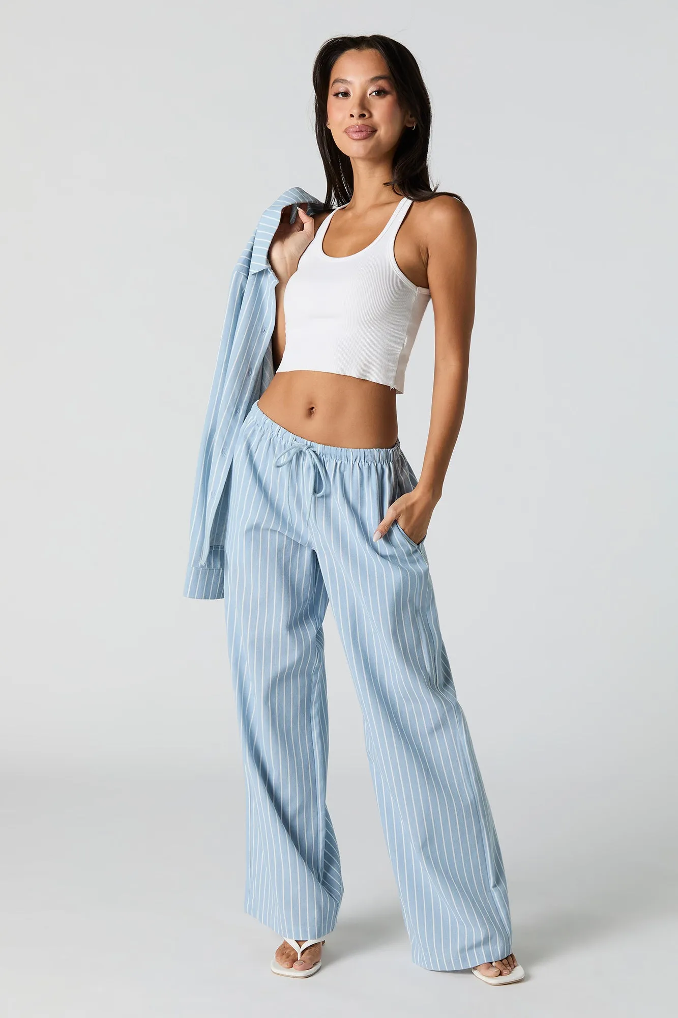 Linen-Blend Drawstring Wide Leg Pant