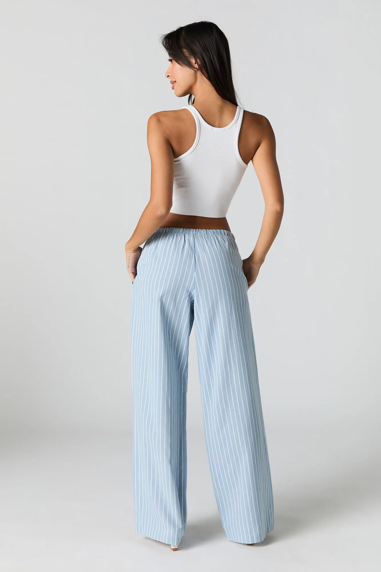 Linen-Blend Drawstring Wide Leg Pant