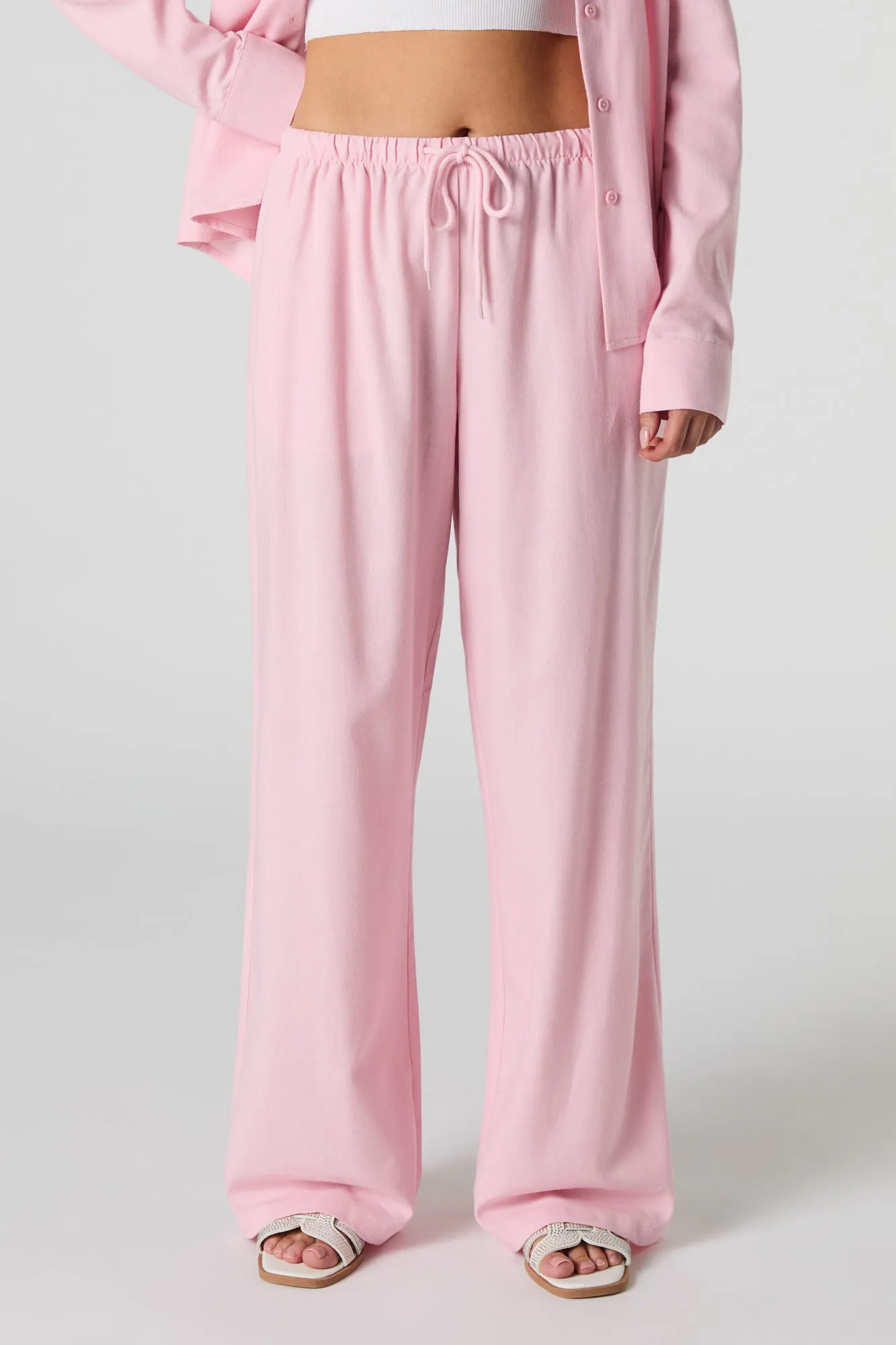 Linen-Blend Drawstring Wide Leg Pant