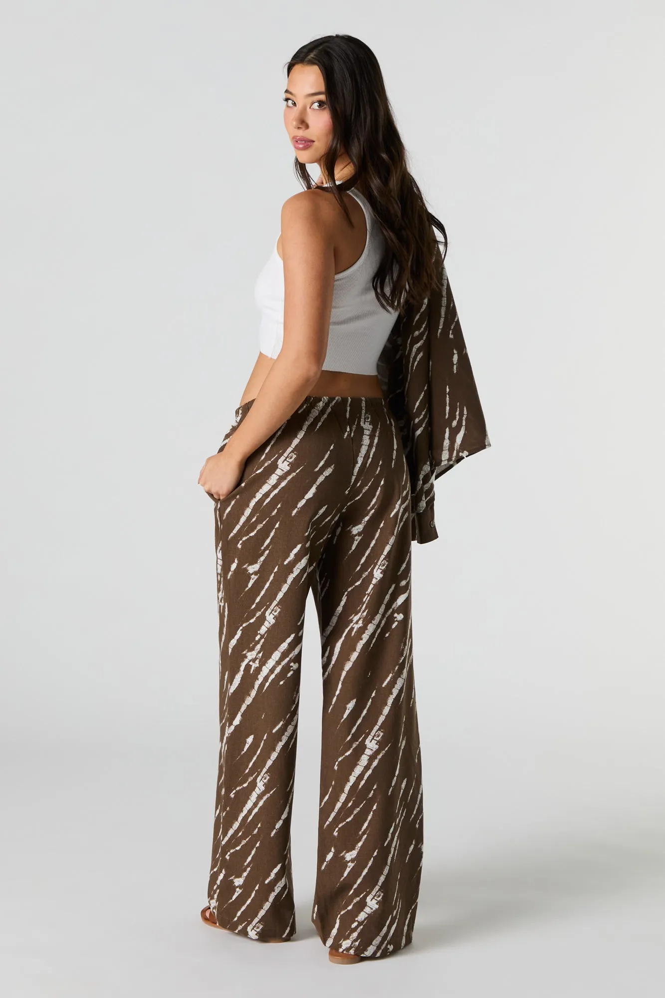 Linen-Blend Drawstring Wide Leg Pant