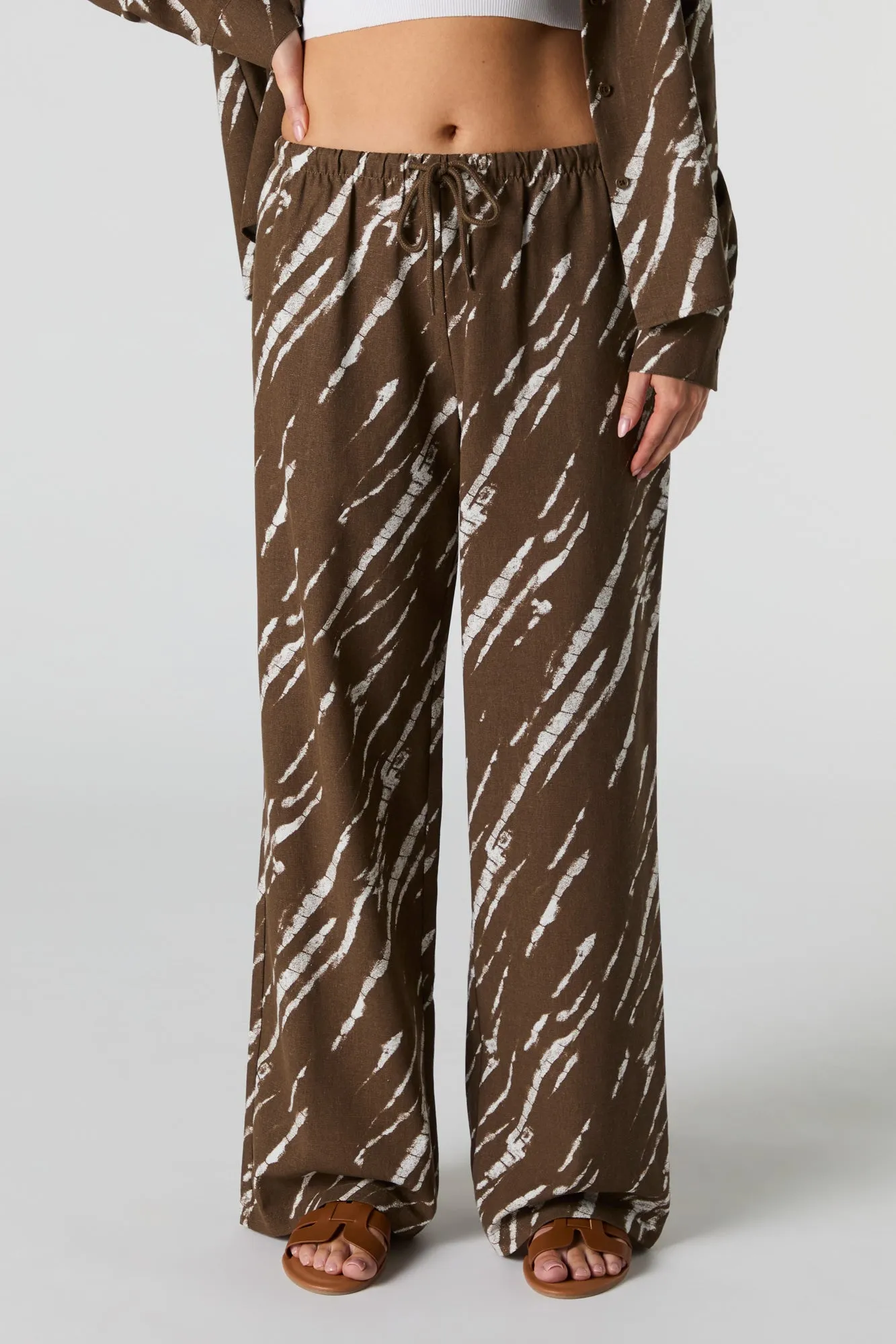 Linen-Blend Drawstring Wide Leg Pant