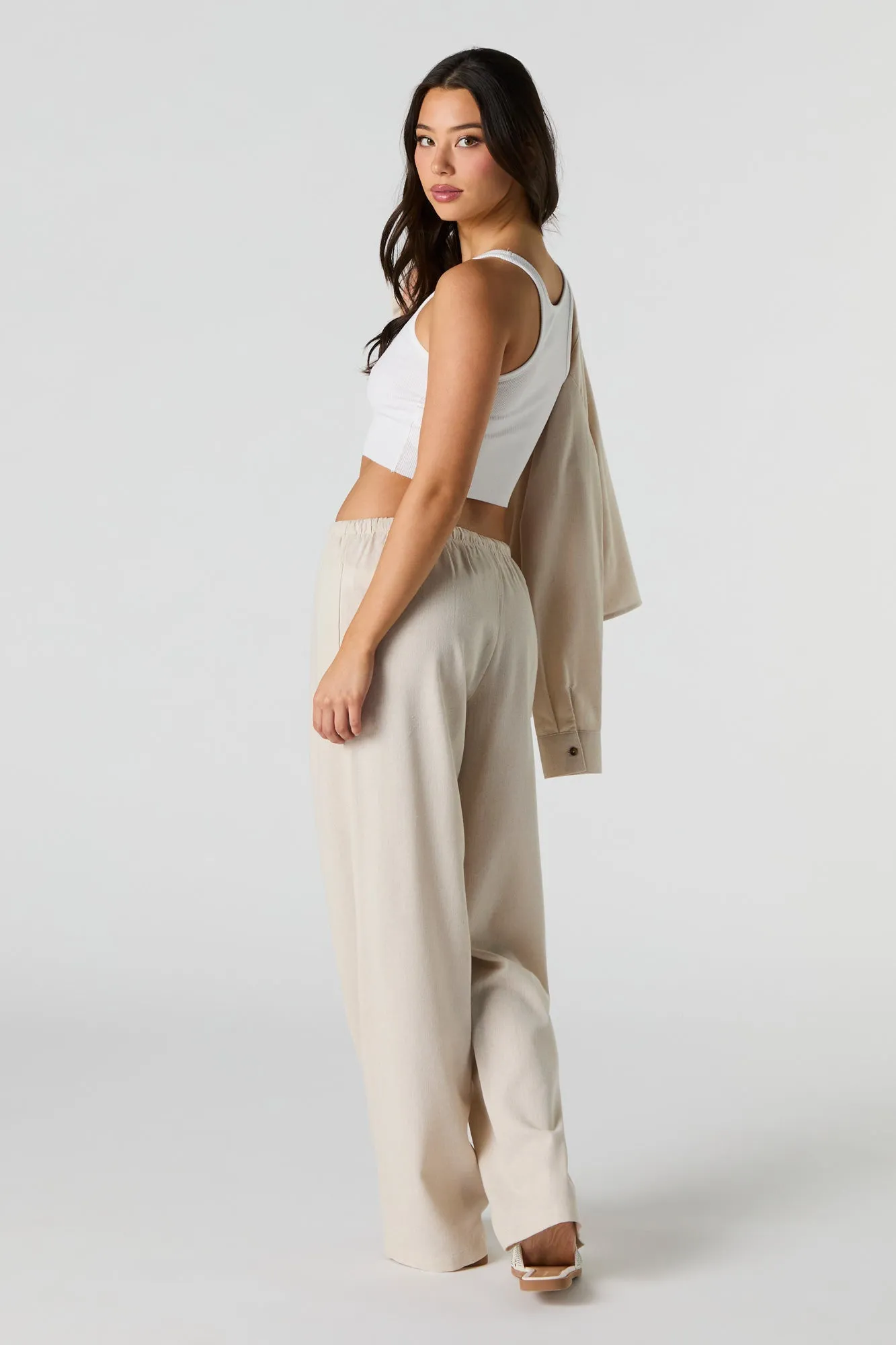 Linen-Blend Drawstring Wide Leg Pant