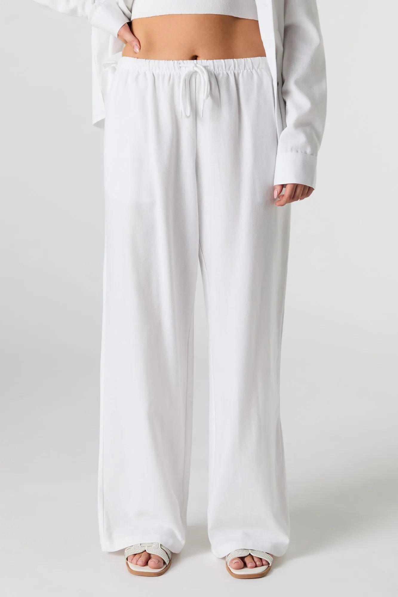 Linen-Blend Drawstring Wide Leg Pant