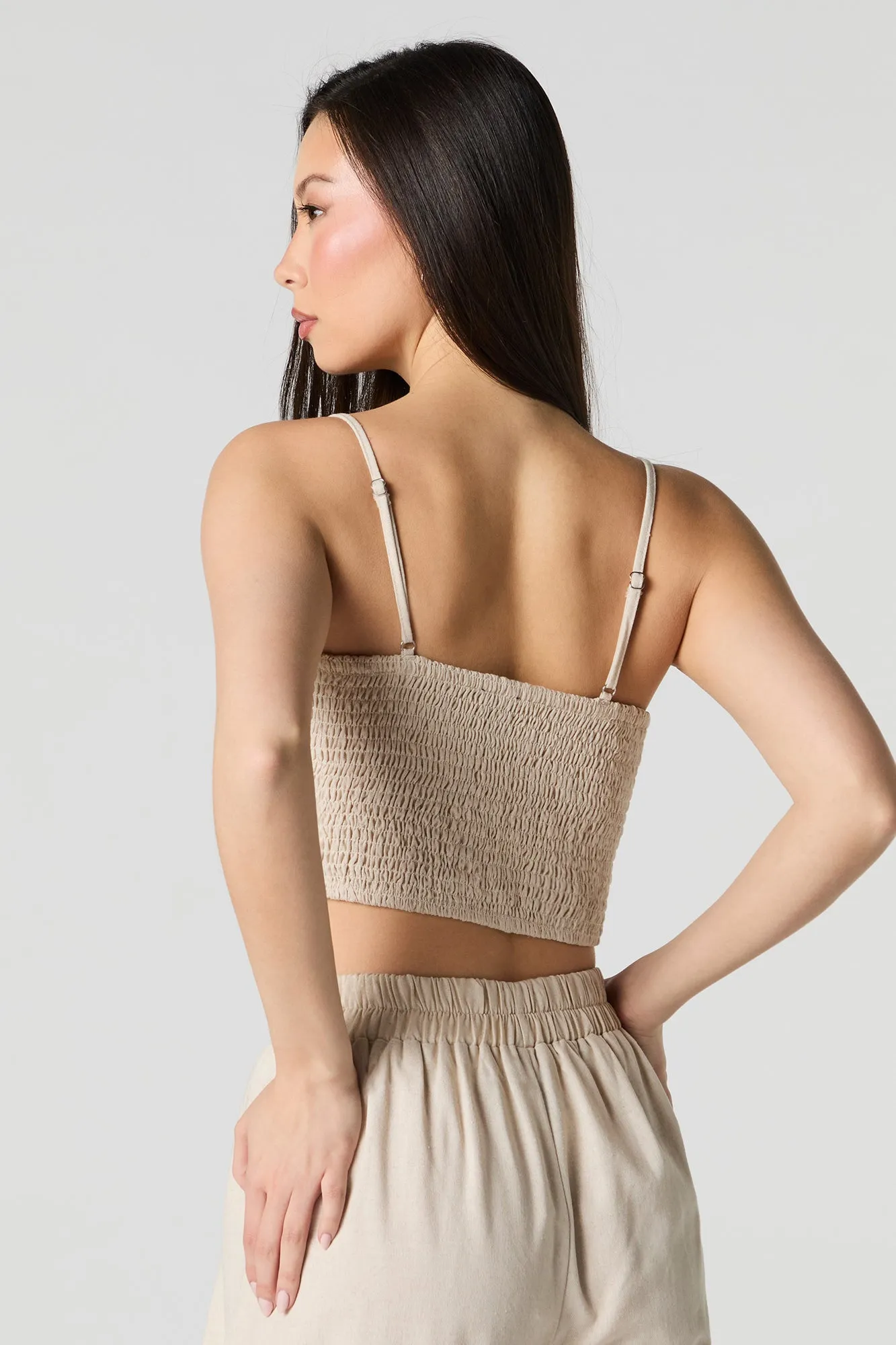 Linen-Blend Keyhole Drawstring Front Cami