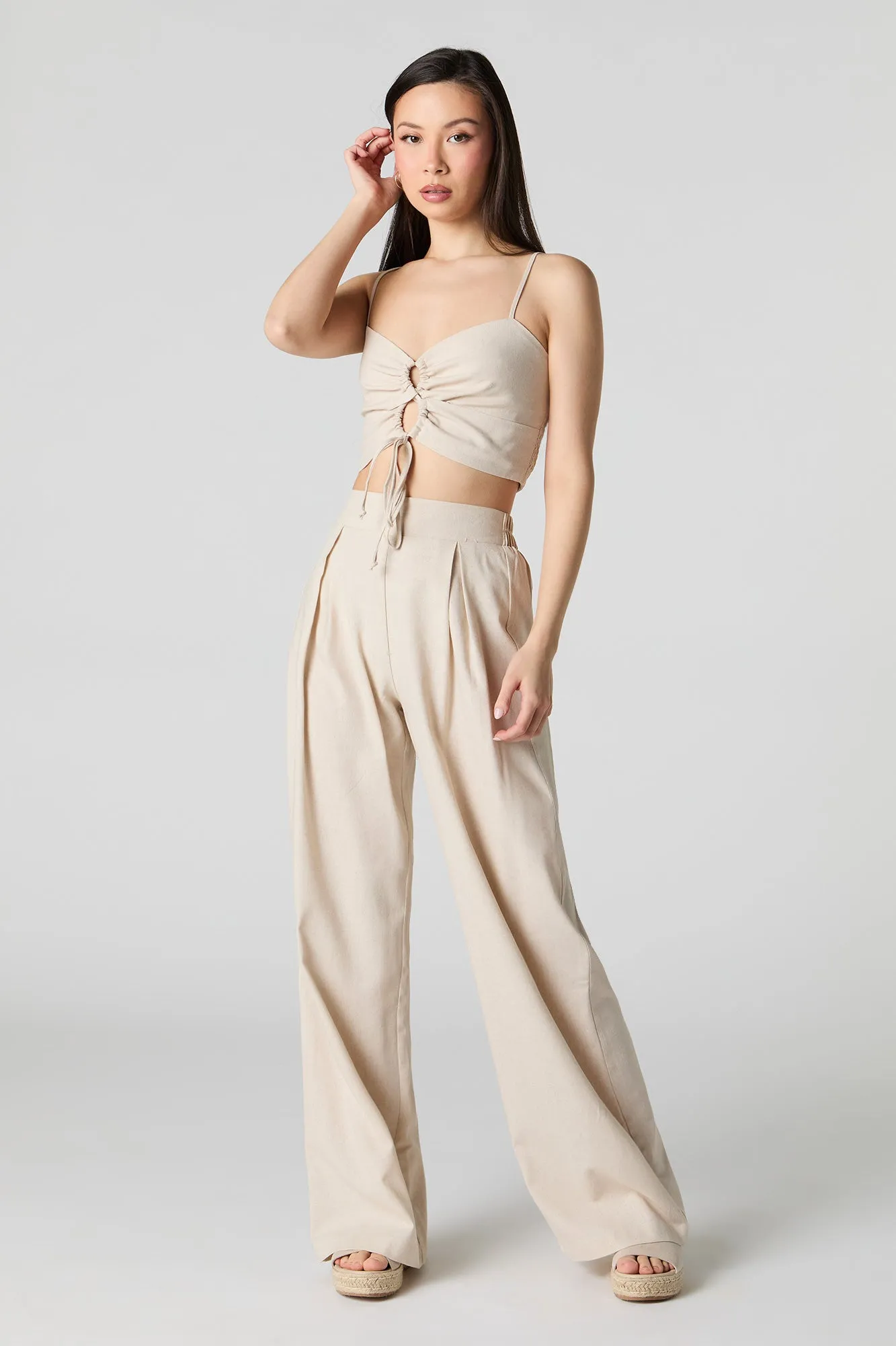 Linen-Blend Keyhole Drawstring Front Cami
