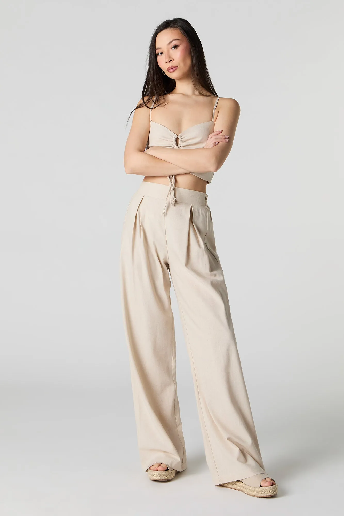 Linen-Blend Pleated Wide Leg Pant