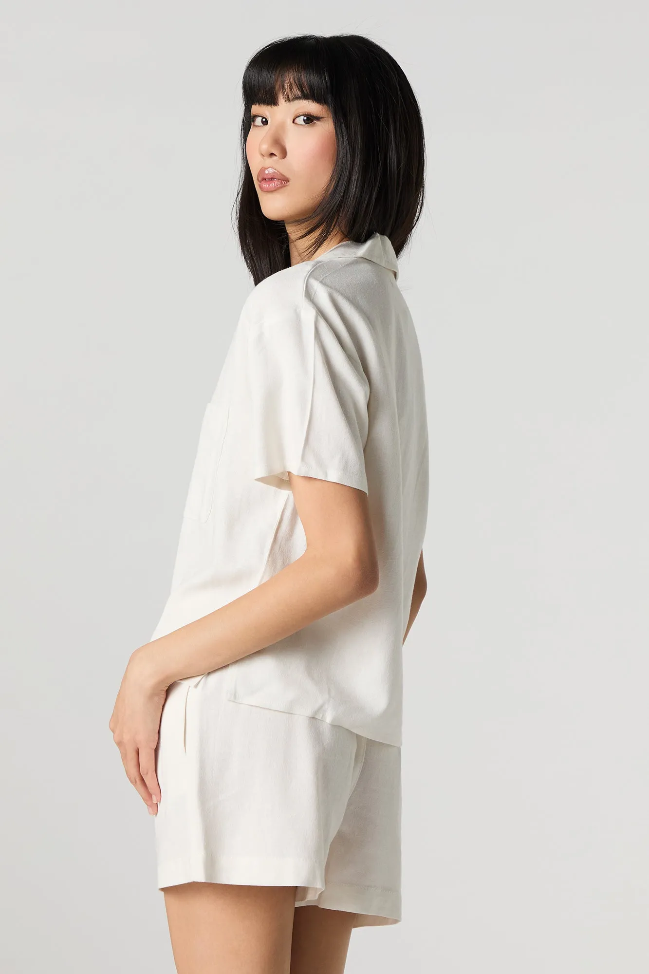 Linen-Blend Short Sleeve Button-Up Top