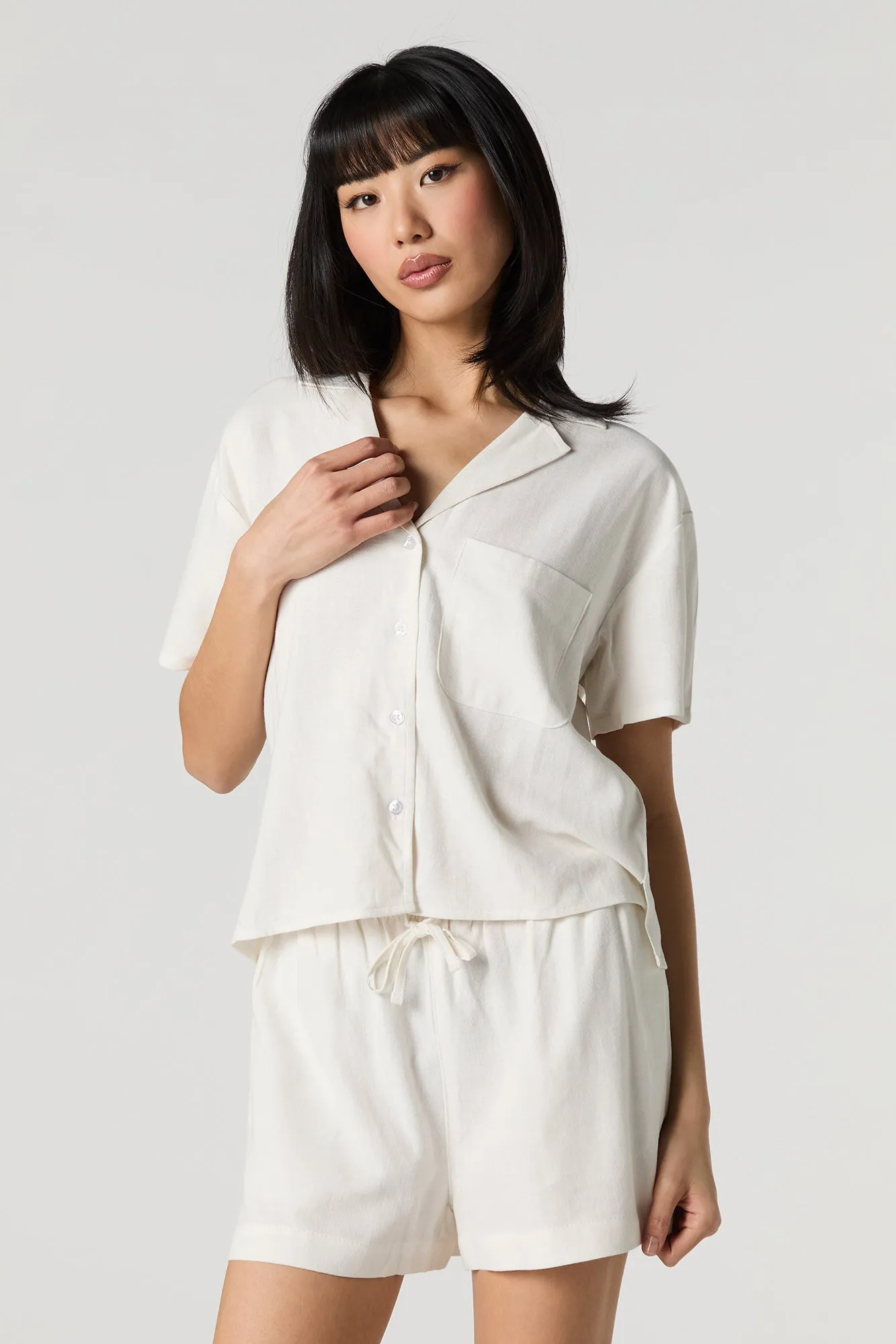 Linen-Blend Short Sleeve Button-Up Top