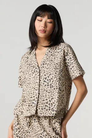 Linen-Blend Short Sleeve Button-Up Top