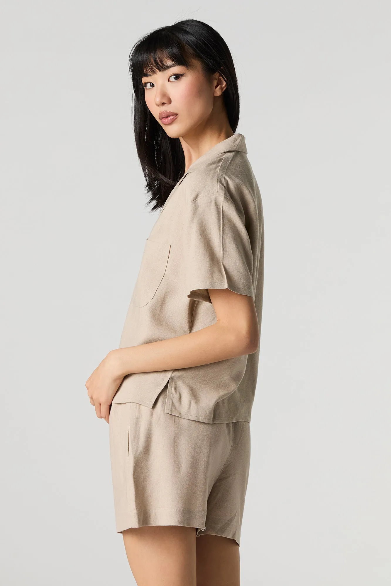 Linen-Blend Short Sleeve Button-Up Top
