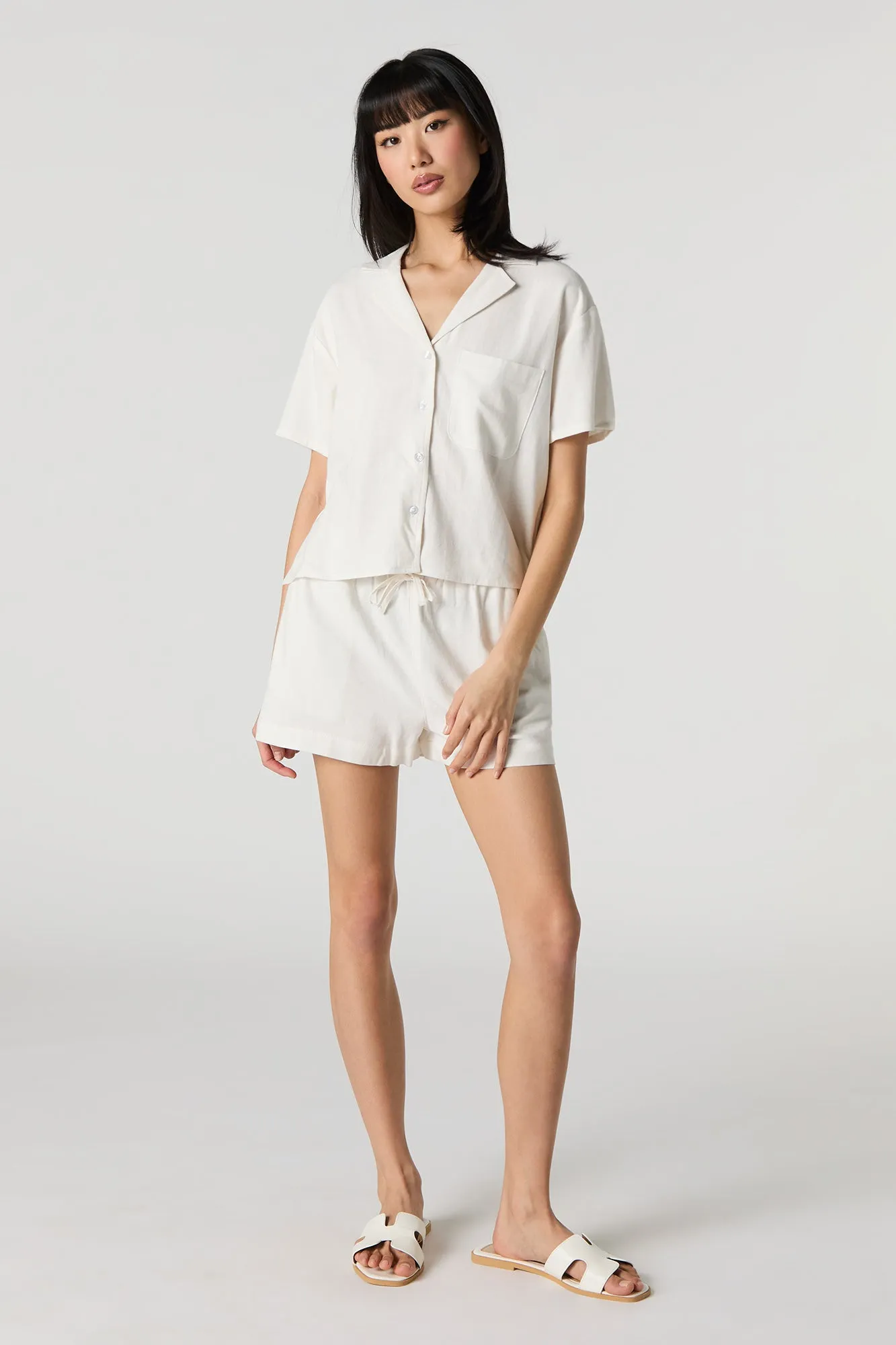 Linen-Blend Short Sleeve Button-Up Top