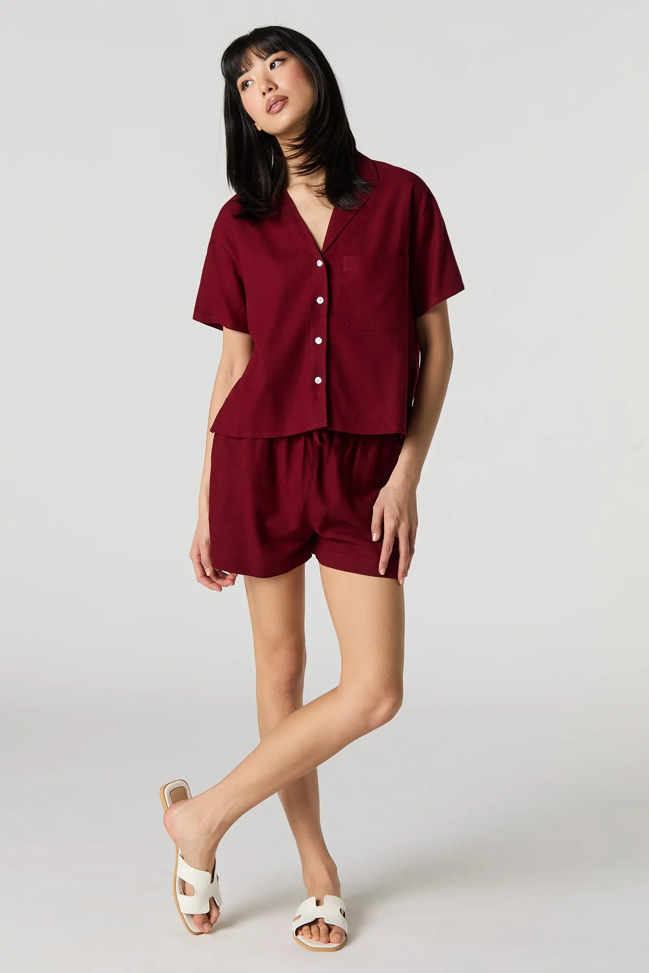 Linen-Blend Short Sleeve Button-Up Top