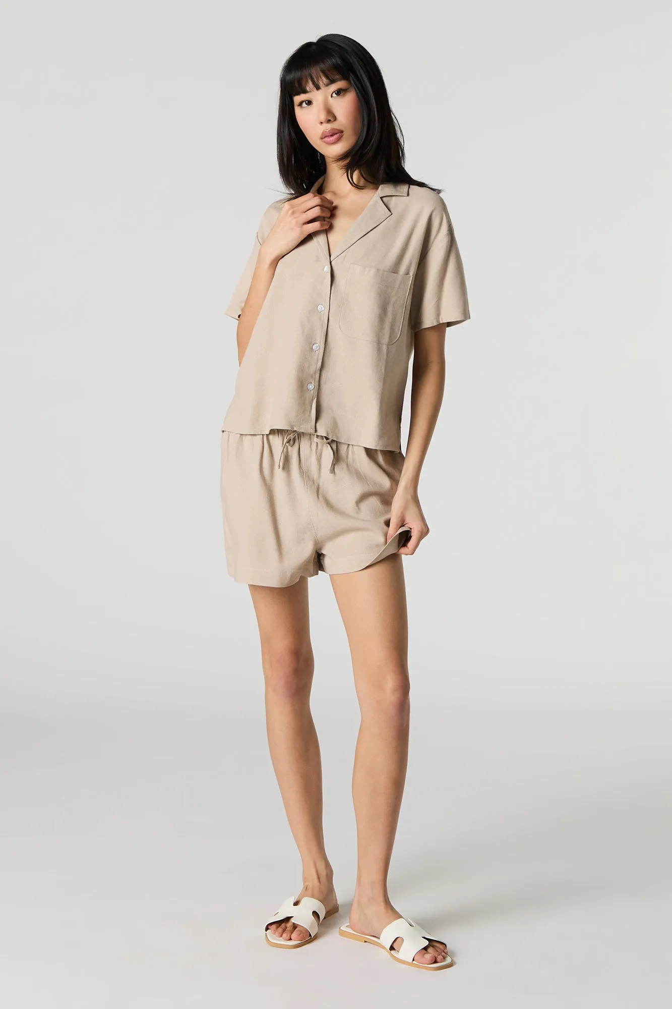 Linen-Blend Short Sleeve Button-Up Top