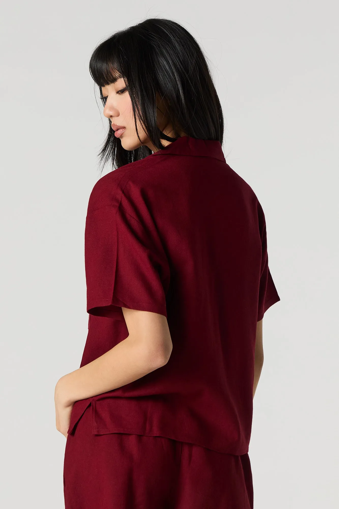 Linen-Blend Short Sleeve Button-Up Top