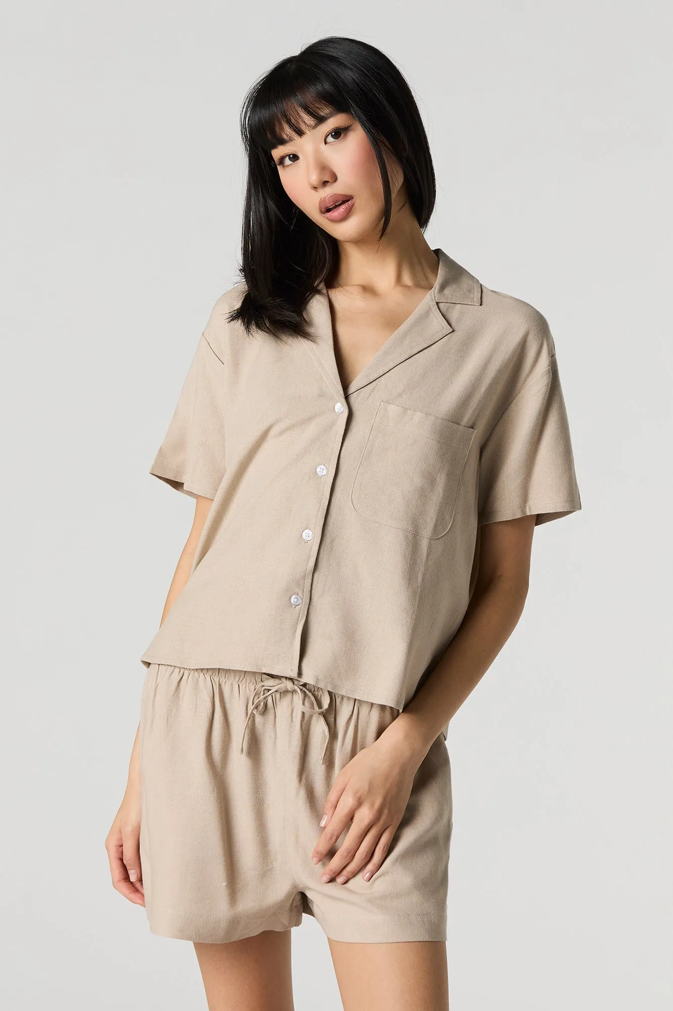 Linen-Blend Short Sleeve Button-Up Top
